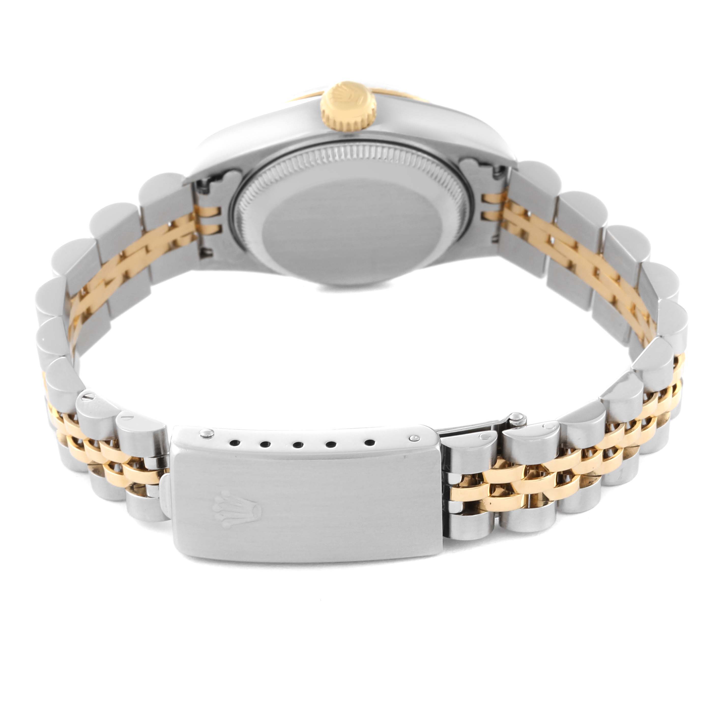 This image shows the back view of a Rolex Datejust 69173 Women's Steel and Gold (two tone) Black Dial 69173 Women's Steel and Gold (two tone) Black Dial watch, highlighting its caseback and two-tone bracelet with clasp.