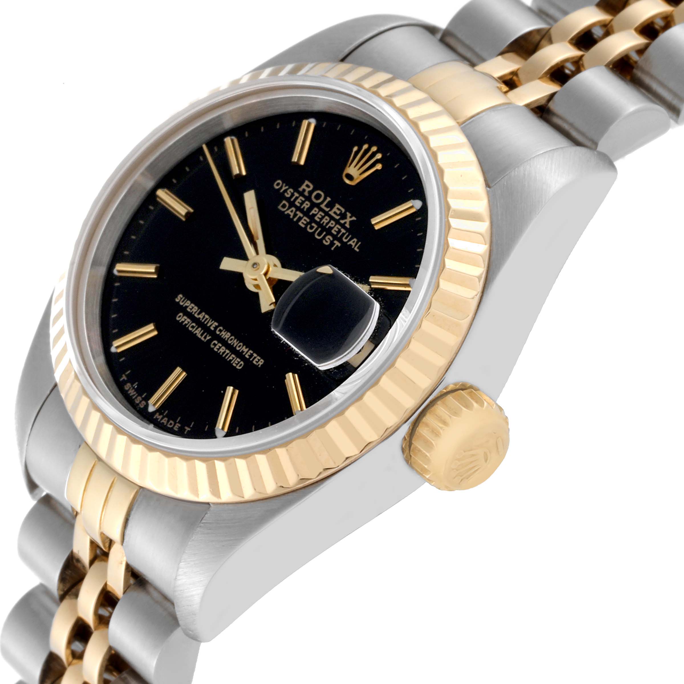 The image shows a side view of a Rolex Datejust 69173 Women's Steel and Gold (two tone) Black Dial 69173 Women's Steel and Gold (two tone) Black Dial watch, highlighting its black dial, gold fluted bezel, and two-tone bracelet.