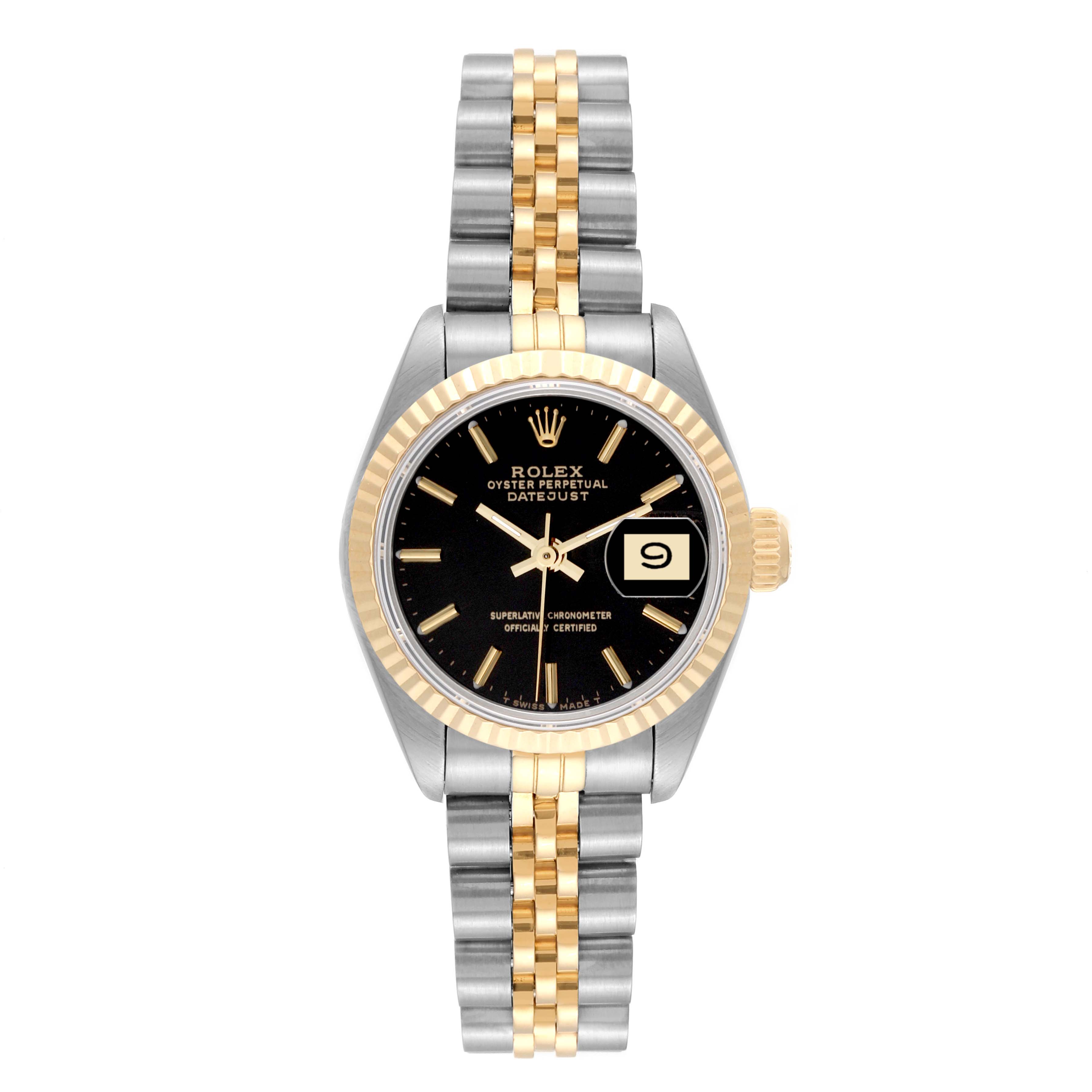 The image shows a Rolex Datejust 69173 Women's Steel and Gold (two tone) Black Dial 69173 Women's Steel and Gold (two tone) Black Dial watch from the front, featuring its dial, bezel, and two-tone bracelet.