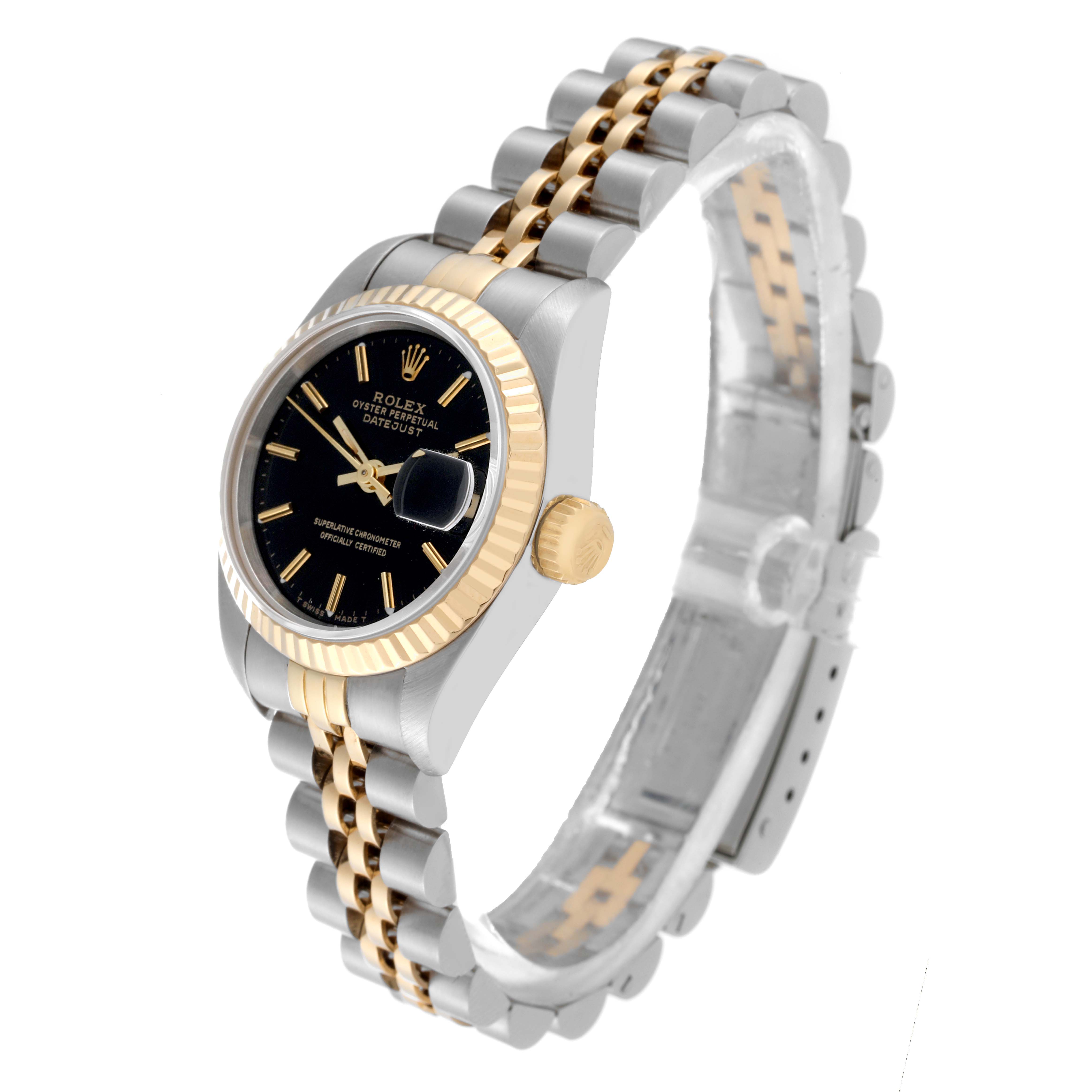 The Rolex Datejust 69173 Women's Steel and Gold (two tone) Black Dial 69173 Women's Steel and Gold (two tone) Black Dial watch is displayed at a slight angle, prominently showing the dial, bezel, crown, and two-tone bracelet.