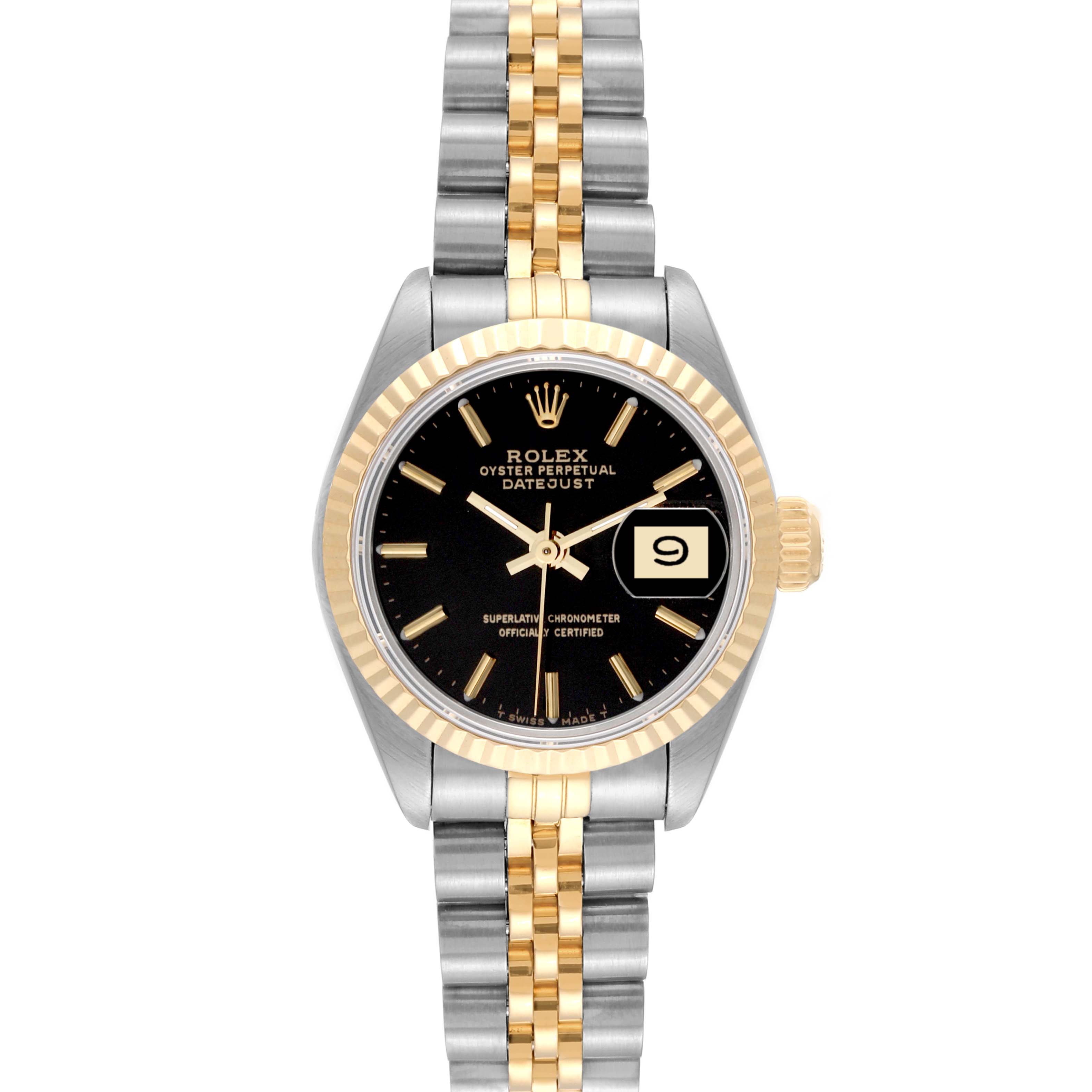 This is a front view of a Rolex Datejust 69173 Women's Steel and Gold (two tone) Black Dial 69173 Women's Steel and Gold (two tone) Black Dial model watch, showing the dial, bezel, and the two-tone bracelet.