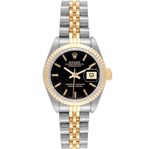 This image shows a Rolex Datejust watch from a front angle, featuring a black dial, gold bezel, and two-tone bracelet.