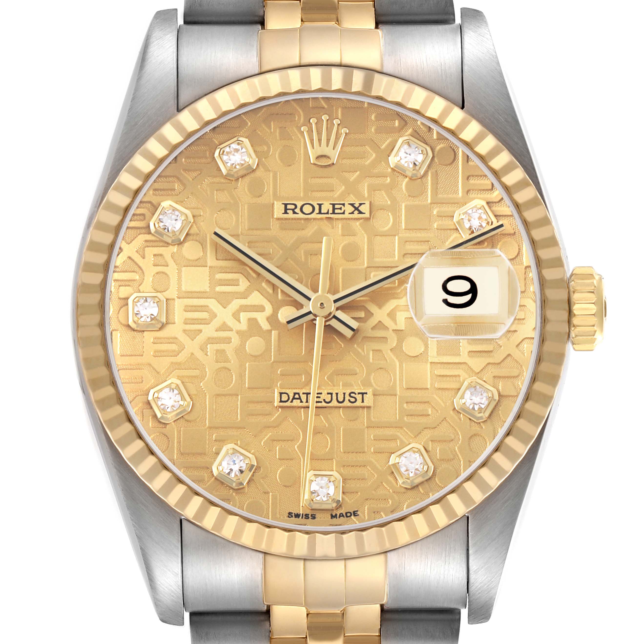The Rolex Datejust 16233 Men's Stainless Steel Champagne Dial watch is shown from the front, highlighting its gold dial, bezel, and date display.