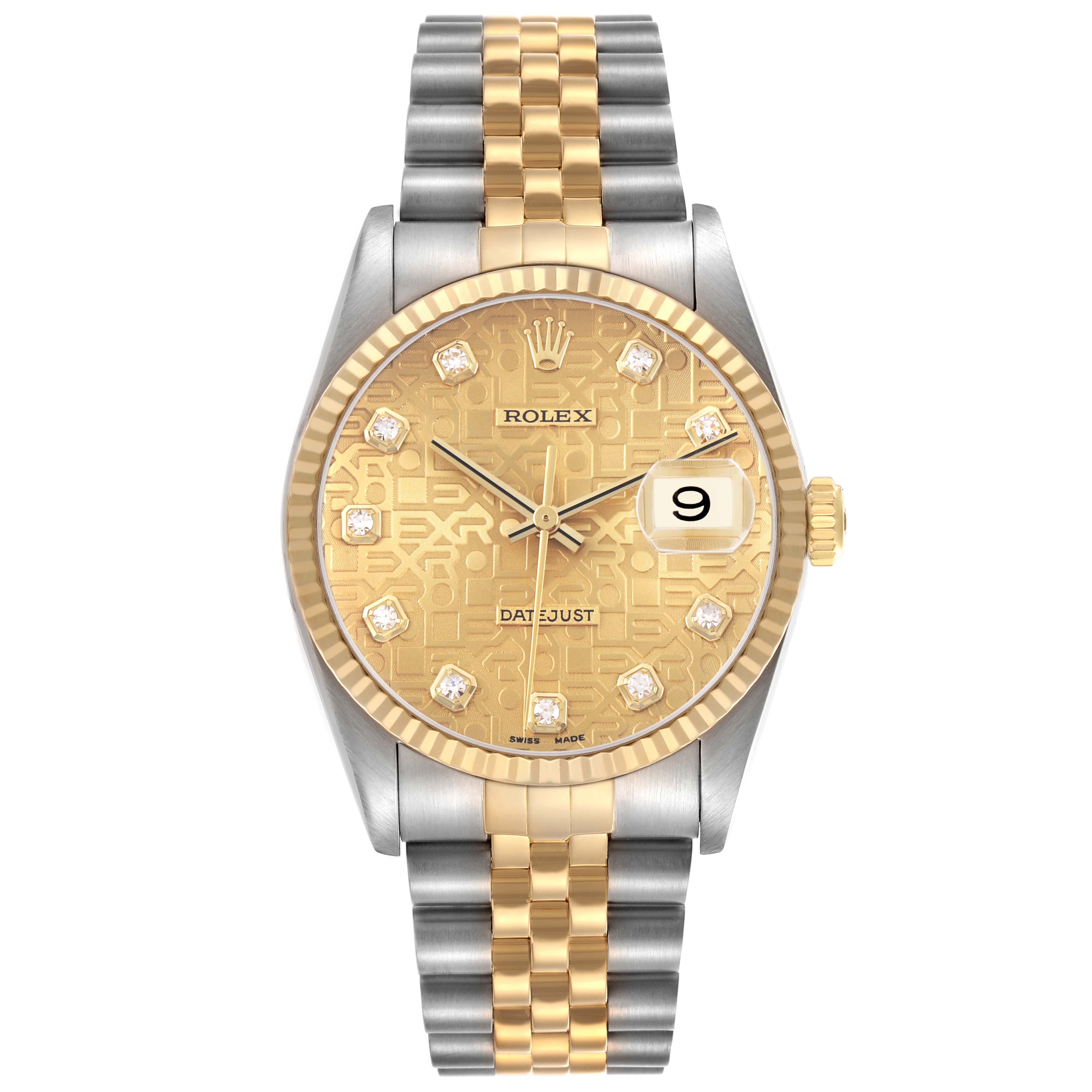 The Rolex Datejust 16233 Men's Stainless Steel Champagne Dial watch is shown from a front angle, highlighting its gold and silver bracelet, gold dial, and date feature.