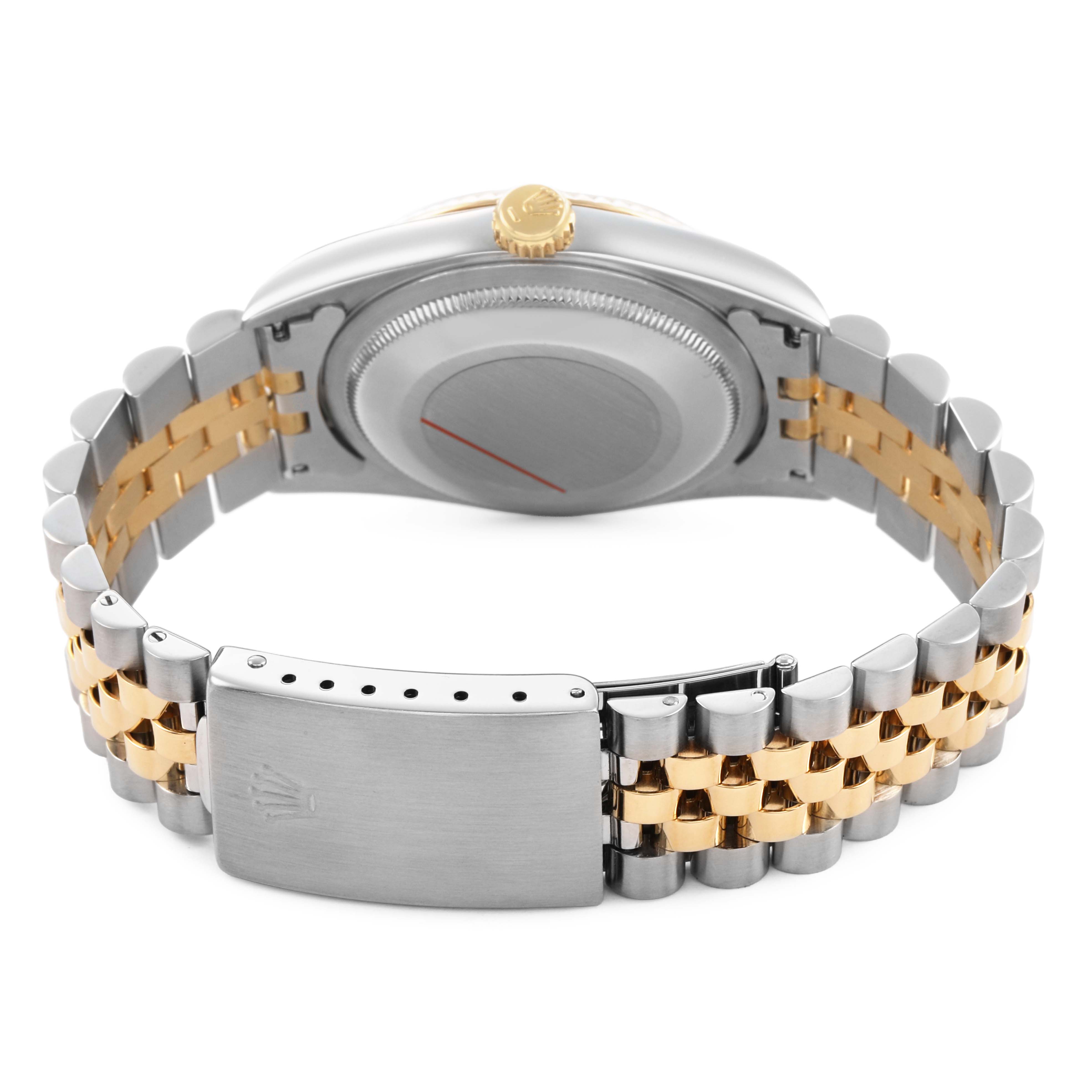 The image shows the back and clasp of a Rolex Datejust 16233 Men's Stainless Steel Champagne Dial, highlighting the two-tone bracelet and the watch's case back.