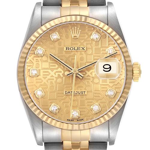 The image shows a Rolex Datejust 16233 Men's Stainless Steel Champagne Dial watch from a front angle, highlighting the dial, bezel, crown, and part of the bracelet.
