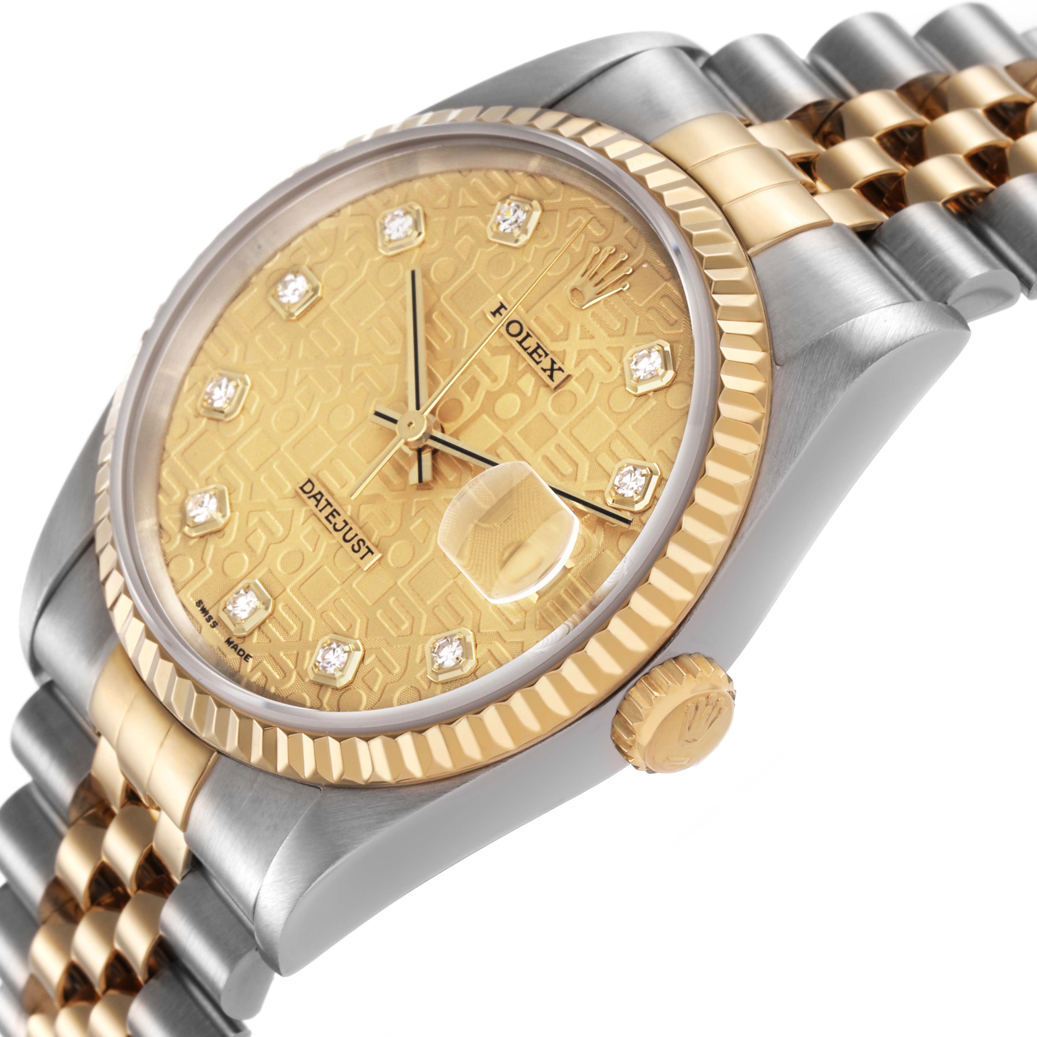 The Rolex Datejust 16233 Men's Stainless Steel Champagne Dial watch is shown at an angle highlighting its gold dial, bezel, crown, and two-tone bracelet.