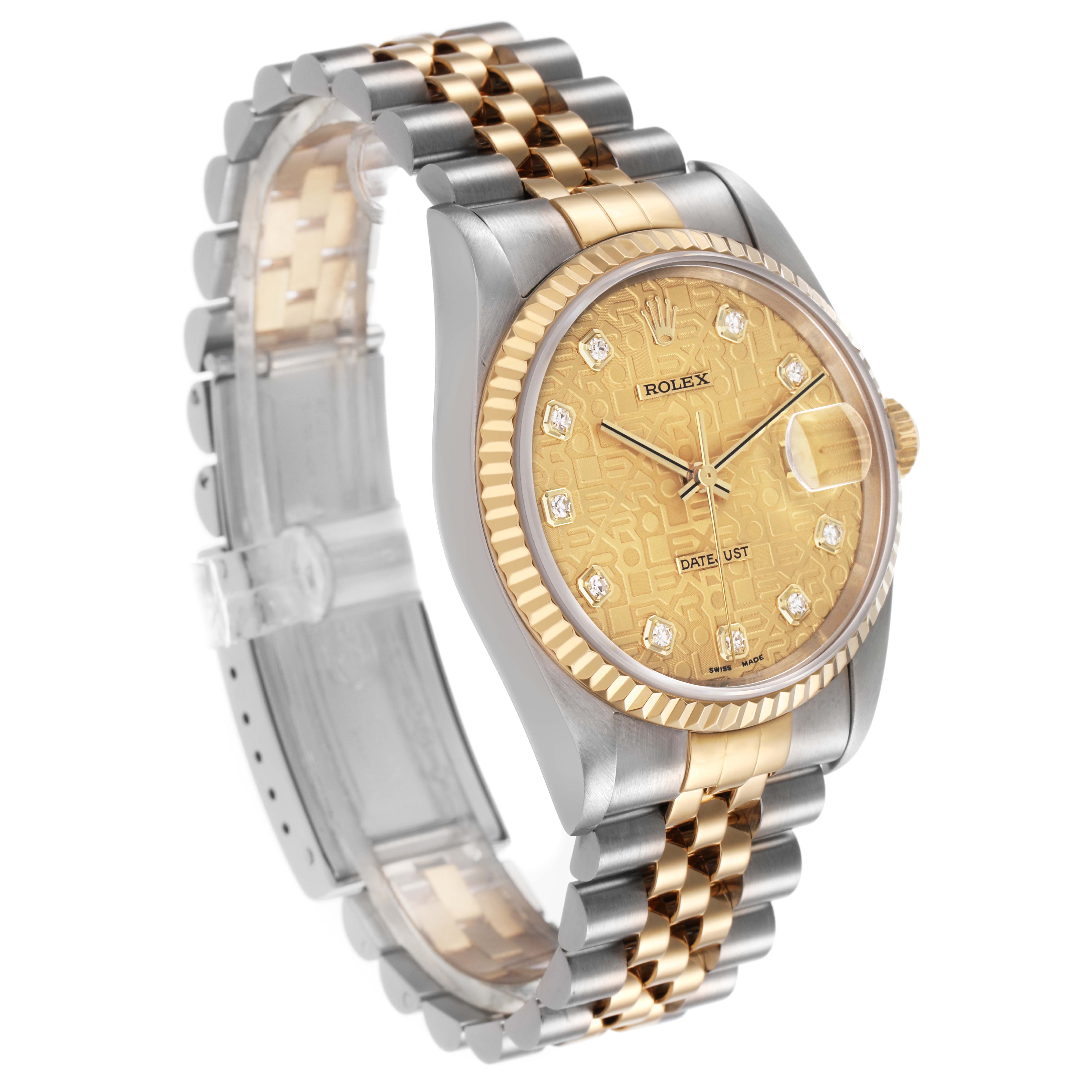 The Rolex Datejust 16233 Men's Stainless Steel Champagne Dial watch is shown at a three-quarter angle, highlighting its bezel, dial, crown, and bracelet.