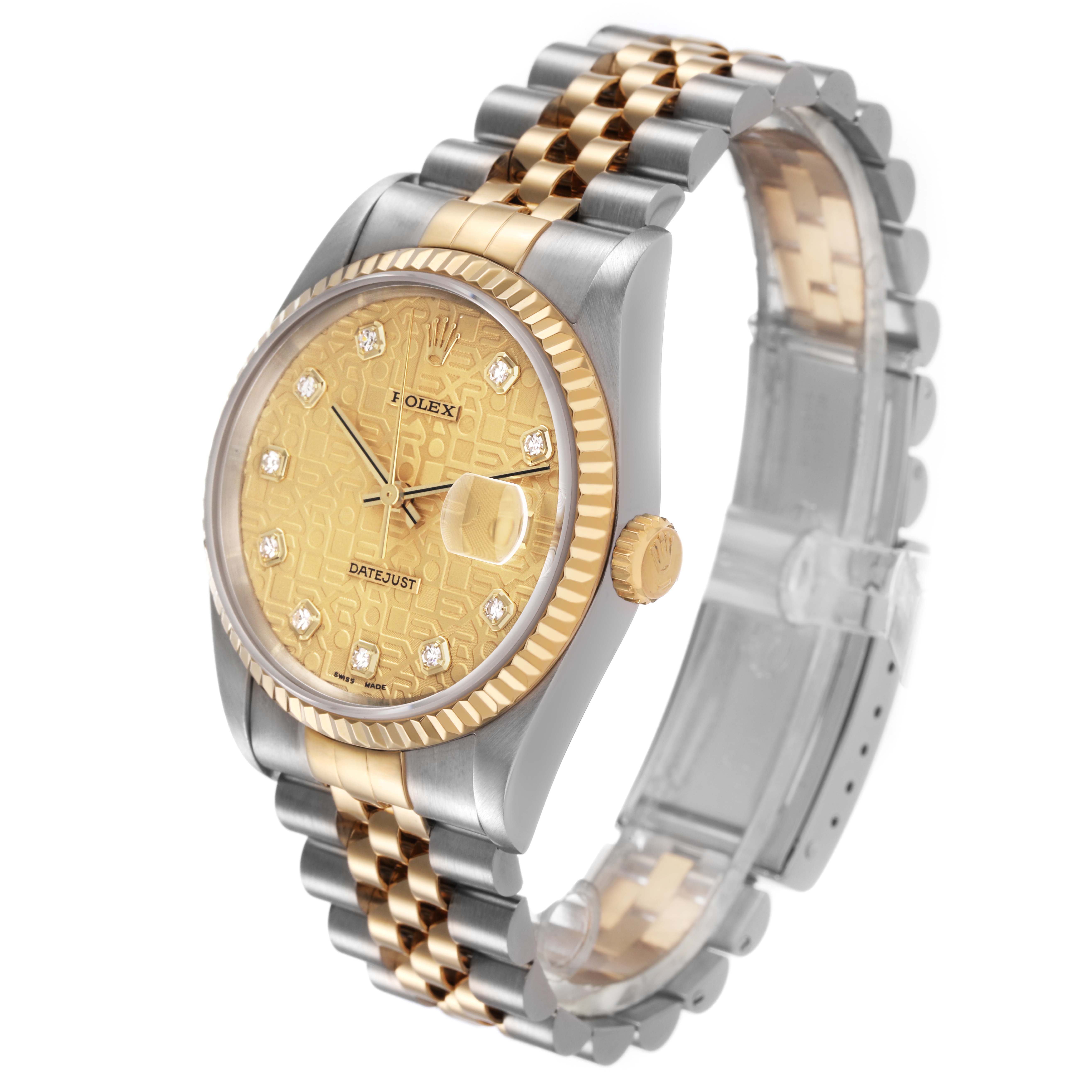 The Rolex Datejust 16233 Men's Stainless Steel Champagne Dial watch is shown at a tilted side angle, displaying the dial, bezel, crown, and bracelet.