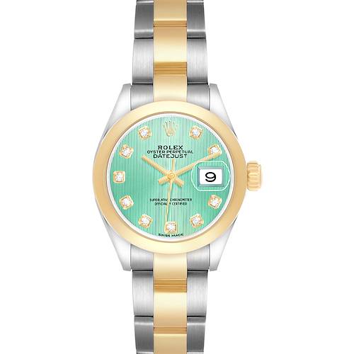 The Rolex Datejust 279163 Women's Steel and Gold (two tone) Green Dial watch is shown from the front, highlighting the dial, bezel, bracelet, and date window.