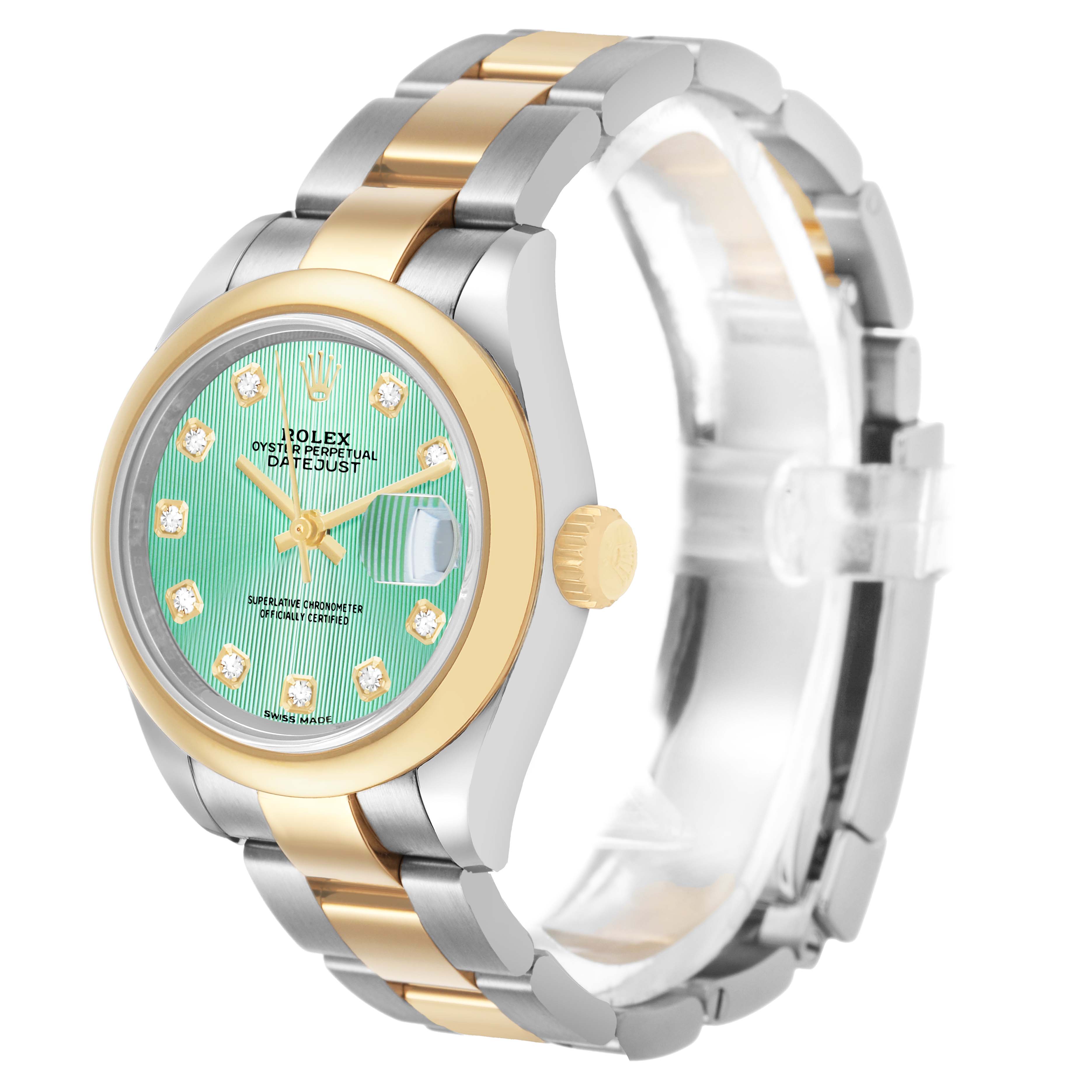 The Rolex Datejust 279163 Women's Steel and Gold (two tone) Green Dial watch is shown from a front-side angle, highlighting the dial, bezel, crown, and two-tone bracelet.