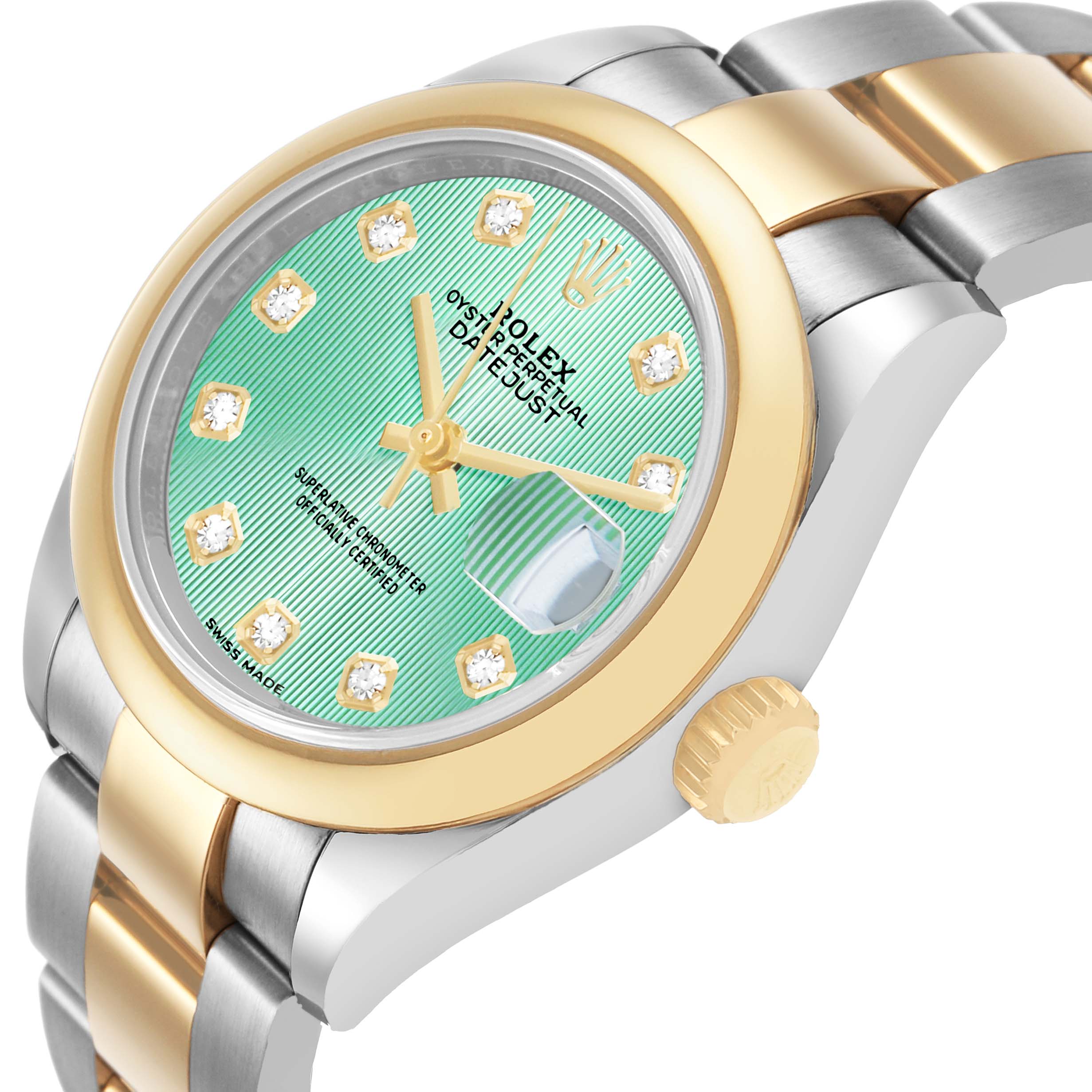 The Rolex Datejust 279163 Women's Steel and Gold (two tone) Green Dial watch is shown from a side angle, highlighting the dial, bezel, crown, and part of the bracelet.