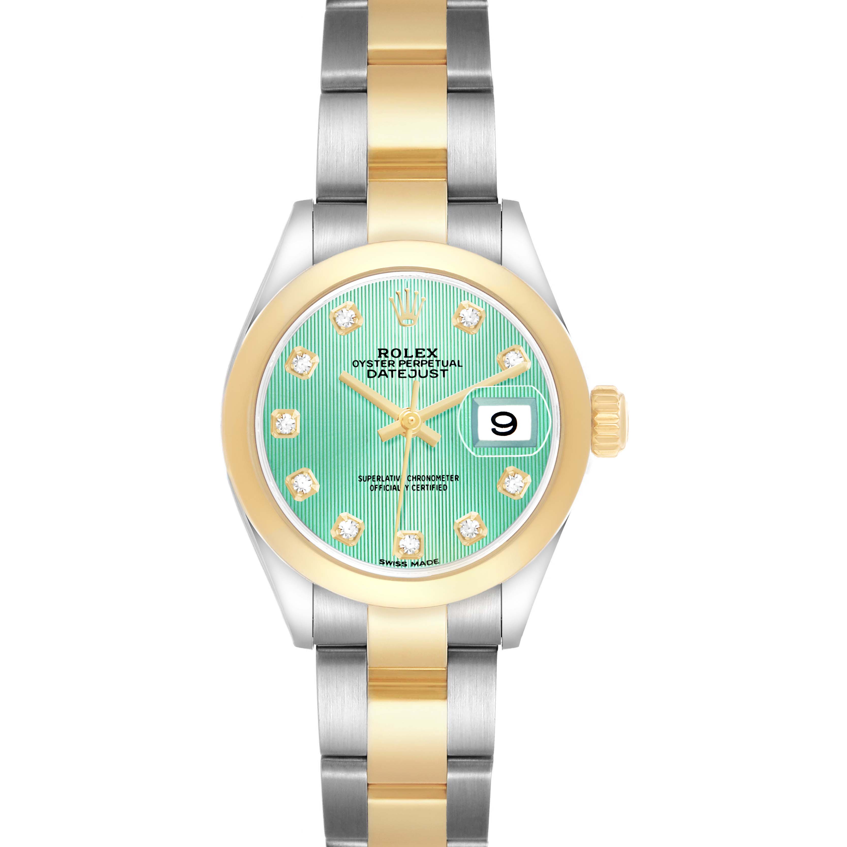 The Rolex Datejust 279163 Women's Steel and Gold (two tone) Green Dial watch is shown from the front, displaying the dial, bezel, and bracelet.