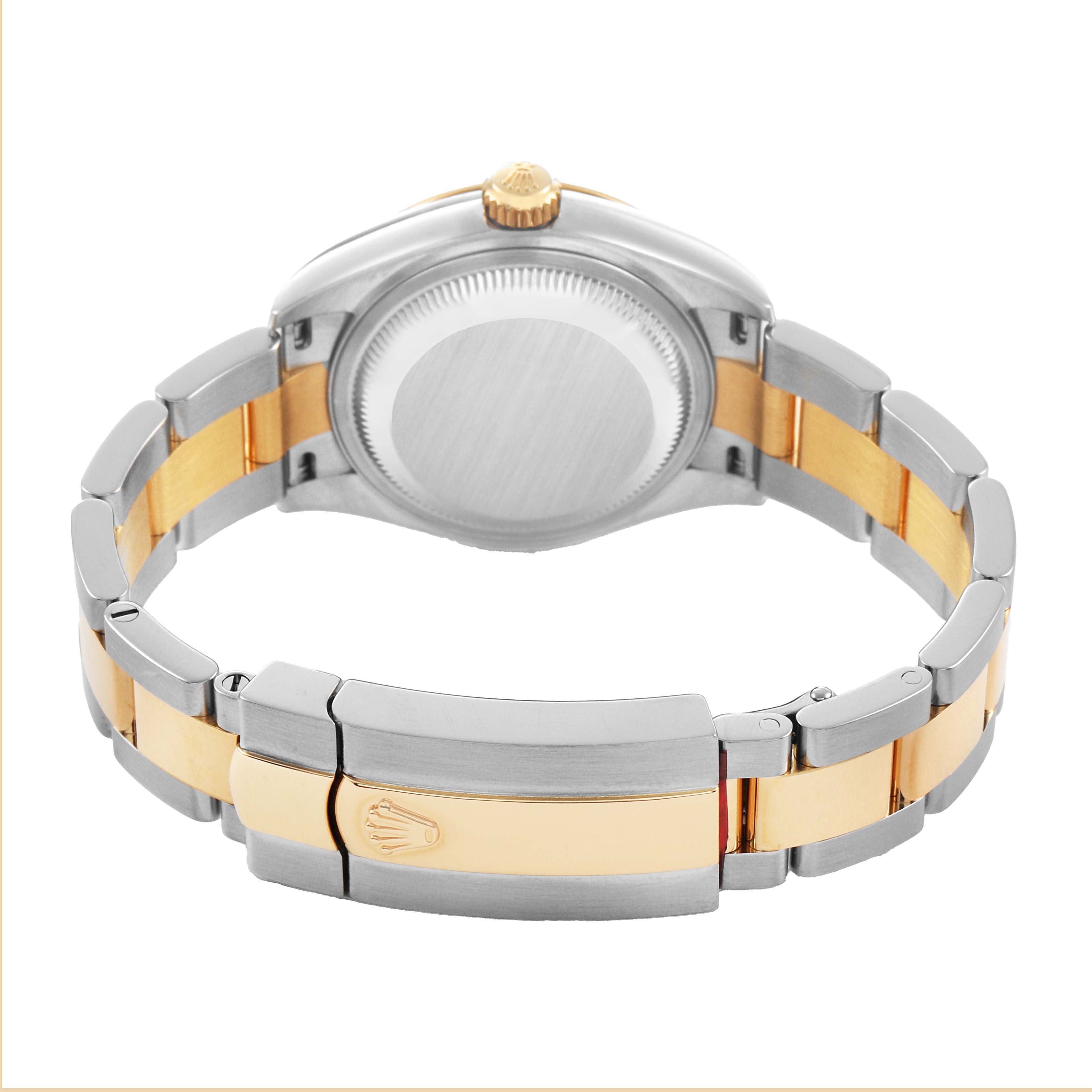 The image shows a rear view of the Rolex Datejust 279163 Women's Steel and Gold (two tone) Green Dial, highlighting the case back and two-tone bracelet with clasp.
