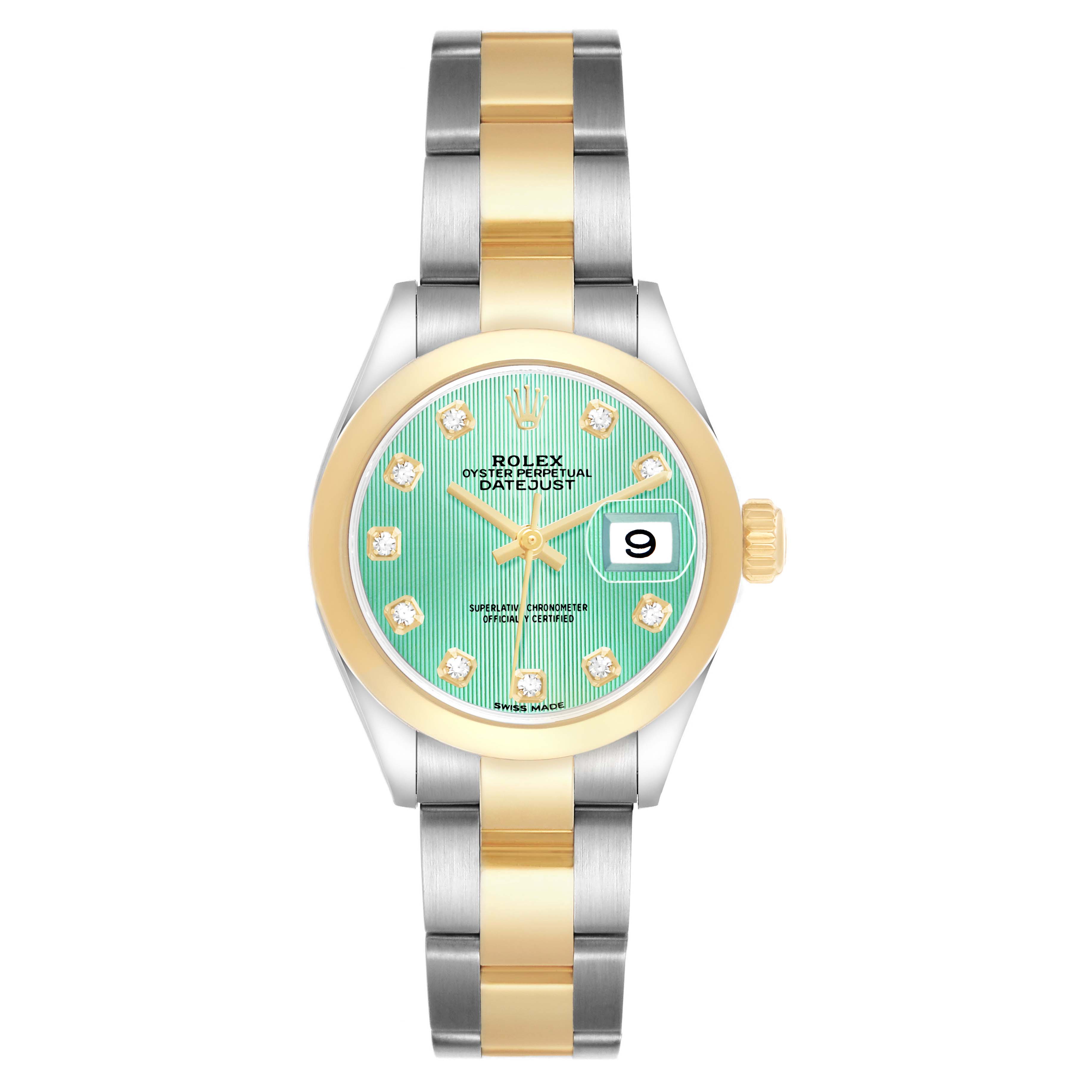 The Rolex Datejust 279163 Women's Steel and Gold (two tone) Green Dial watch is shown from the front, featuring a two-tone bracelet, green dial, and date window.