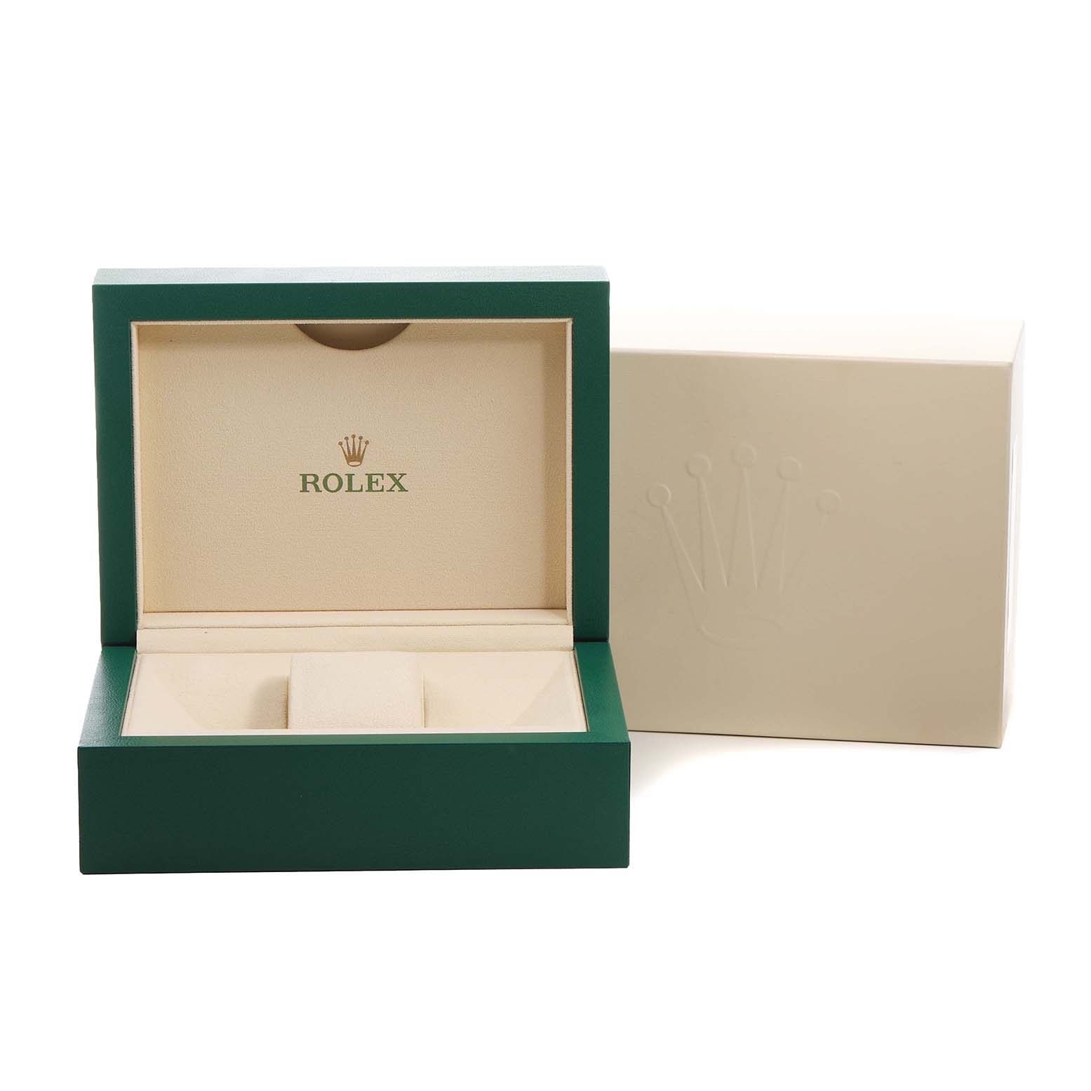 The image shows an open Rolex Datejust 279383 Women's Steel and Gold (two tone) Green Dial watch box, highlighting the interior lining and logo.