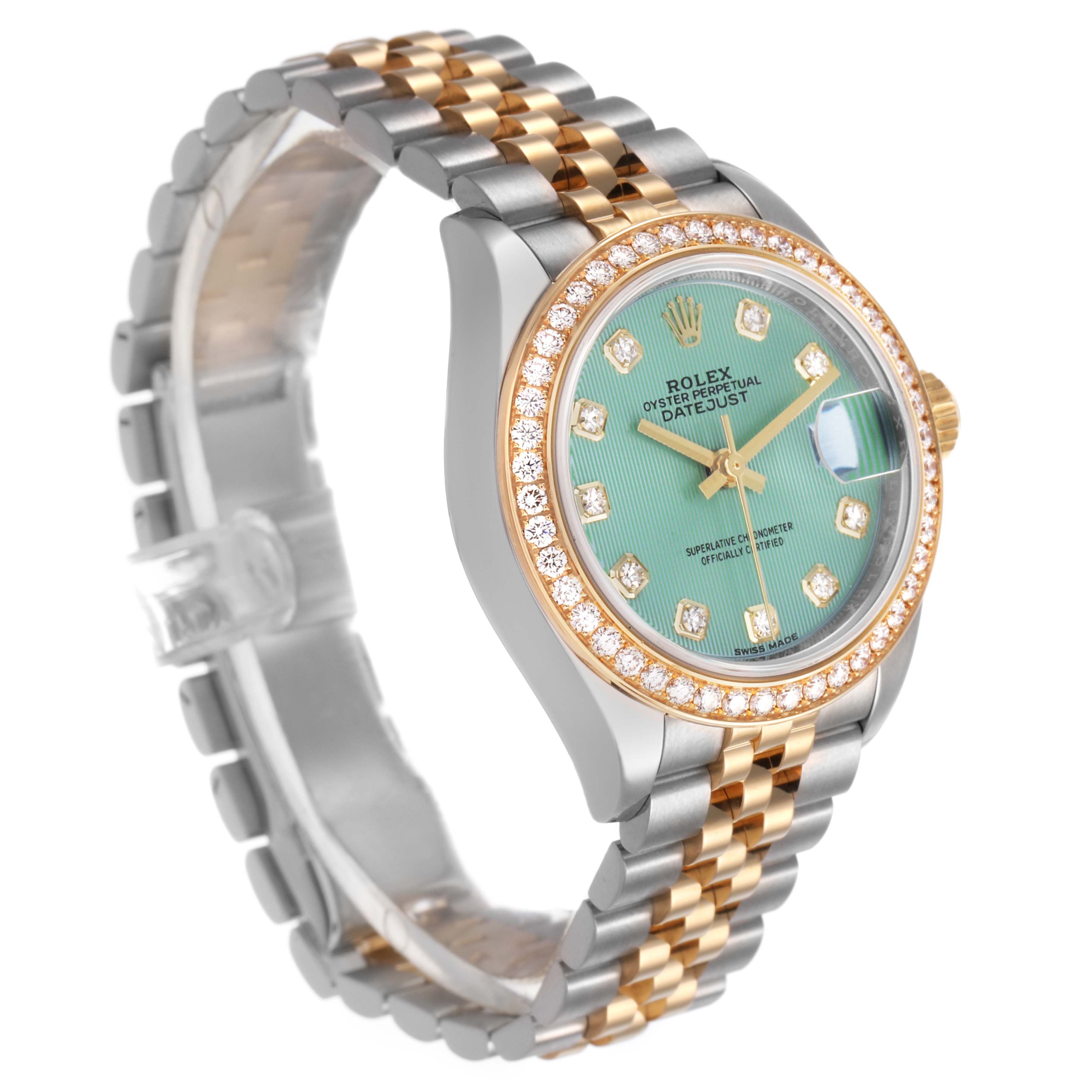 The Rolex Datejust 279383 Women's Steel and Gold (two tone) Green Dial watch is shown at a three-quarter angle, highlighting the face, bezel, and bracelet.