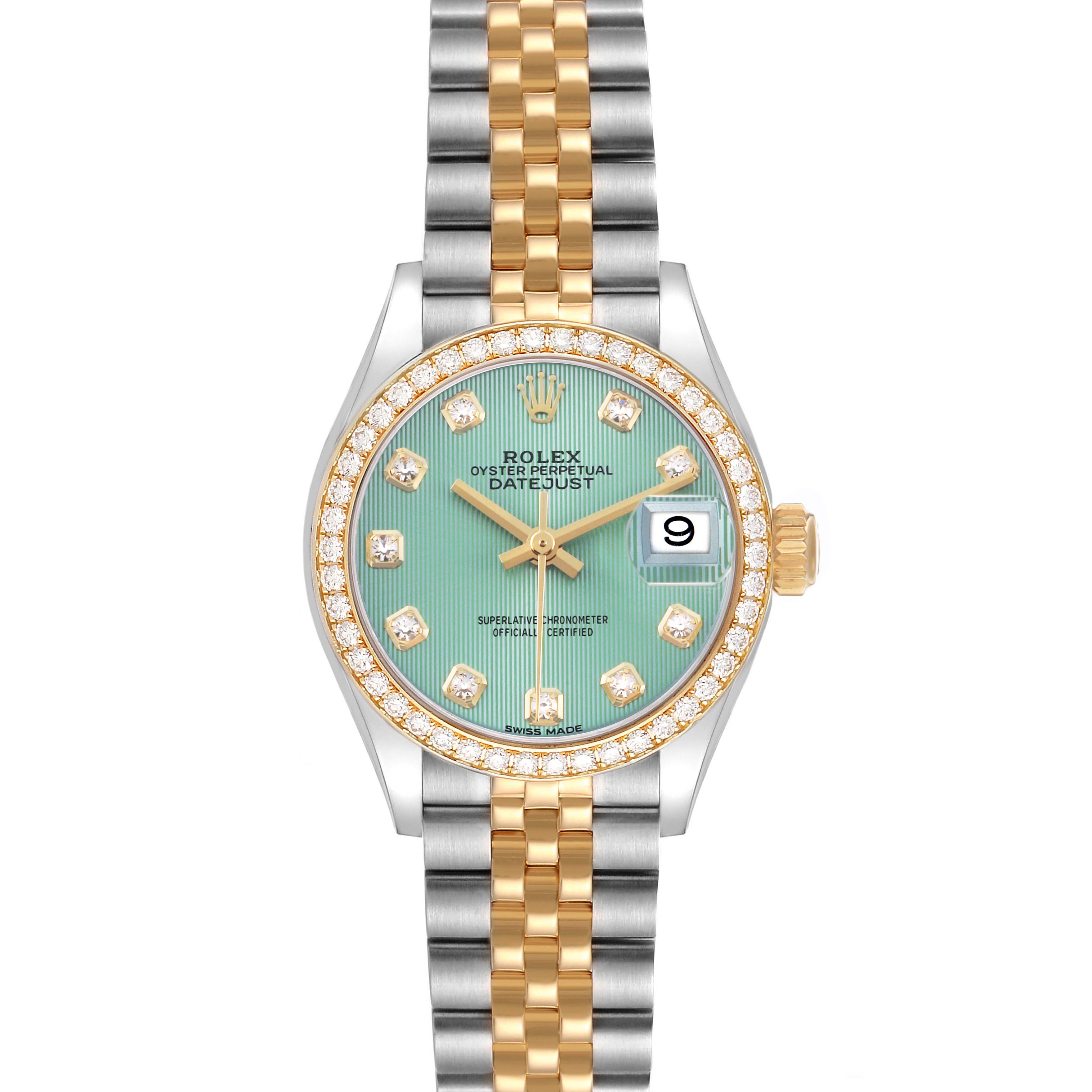 The Rolex Datejust 279383 Women's Steel and Gold (two tone) Green Dial watch is shown from the front, highlighting the dial, bezel, and Jubilee bracelet.