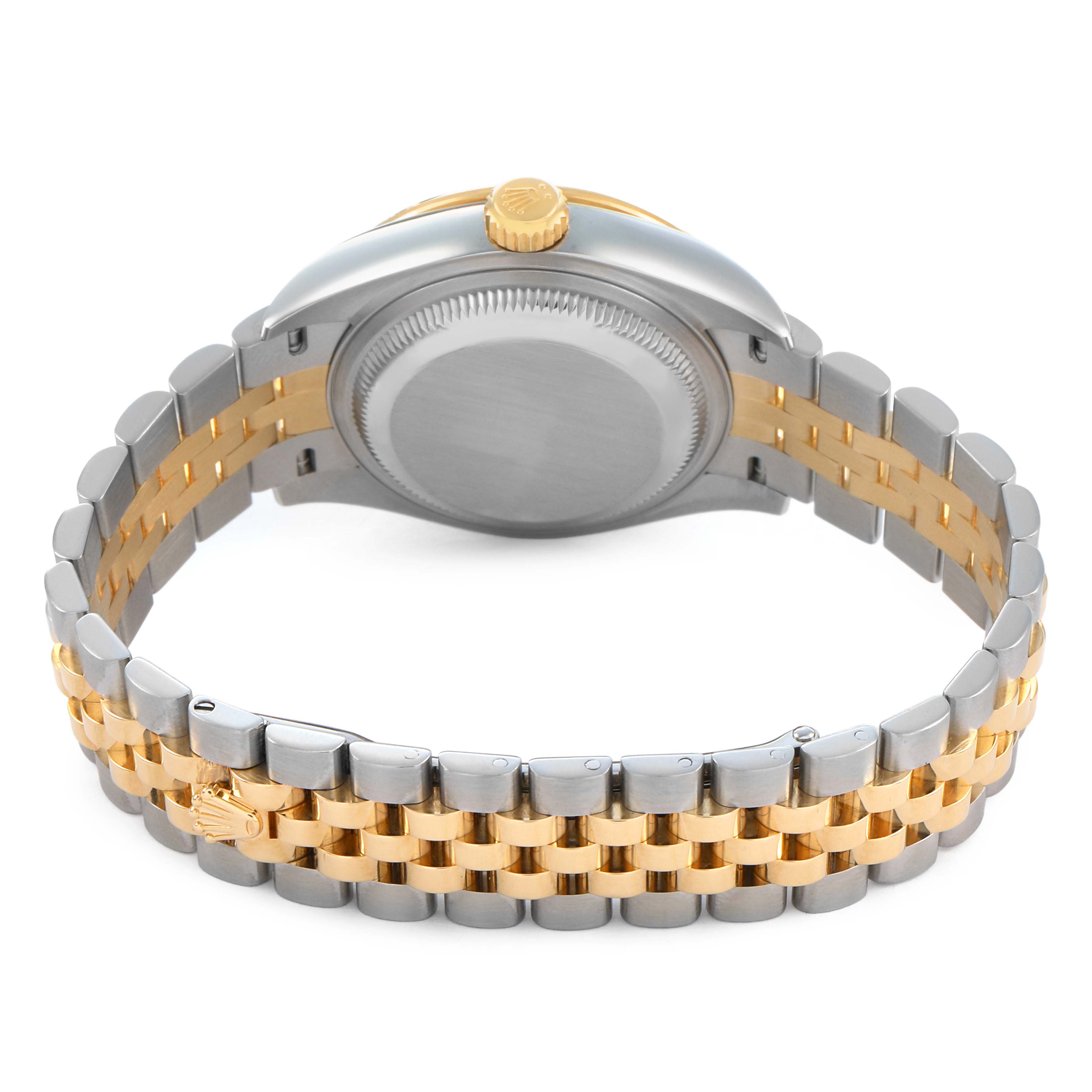 The image shows the back and bracelet of a Rolex Datejust 279383 Women's Steel and Gold (two tone) Green Dial, highlighting its two-tone metal design.