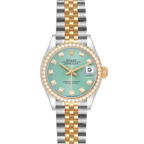 The Rolex Datejust 279383 Women's Steel and Gold (two tone) Green Dial watch is shown from the front, featuring a two-tone band, diamond bezel, and light green dial.