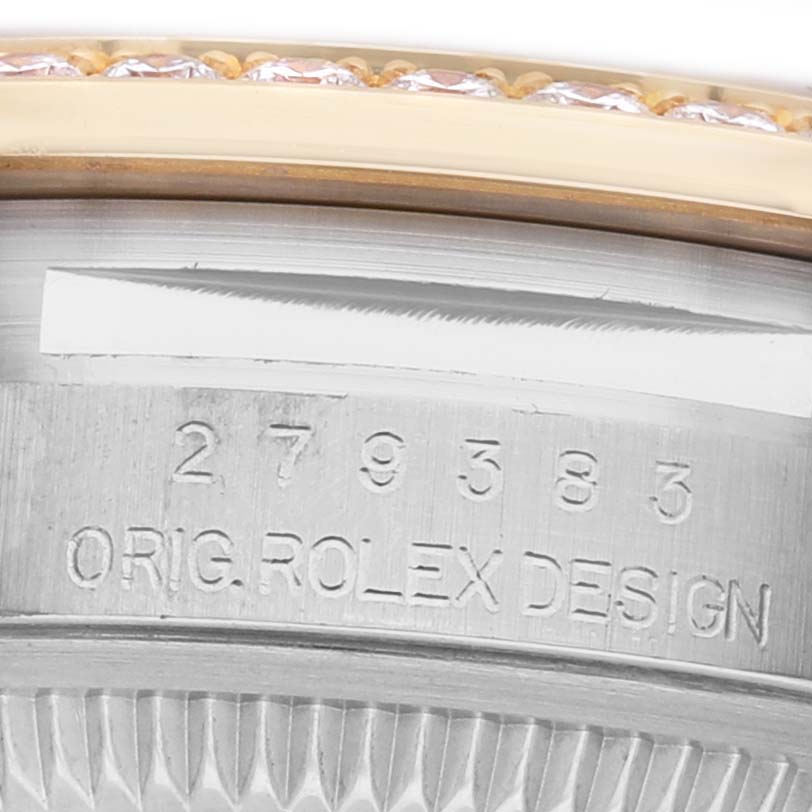 The image shows a close-up of the model number engraving on the case of a Rolex Datejust 279383 Women's Steel and Gold (two tone) Green Dial watch.