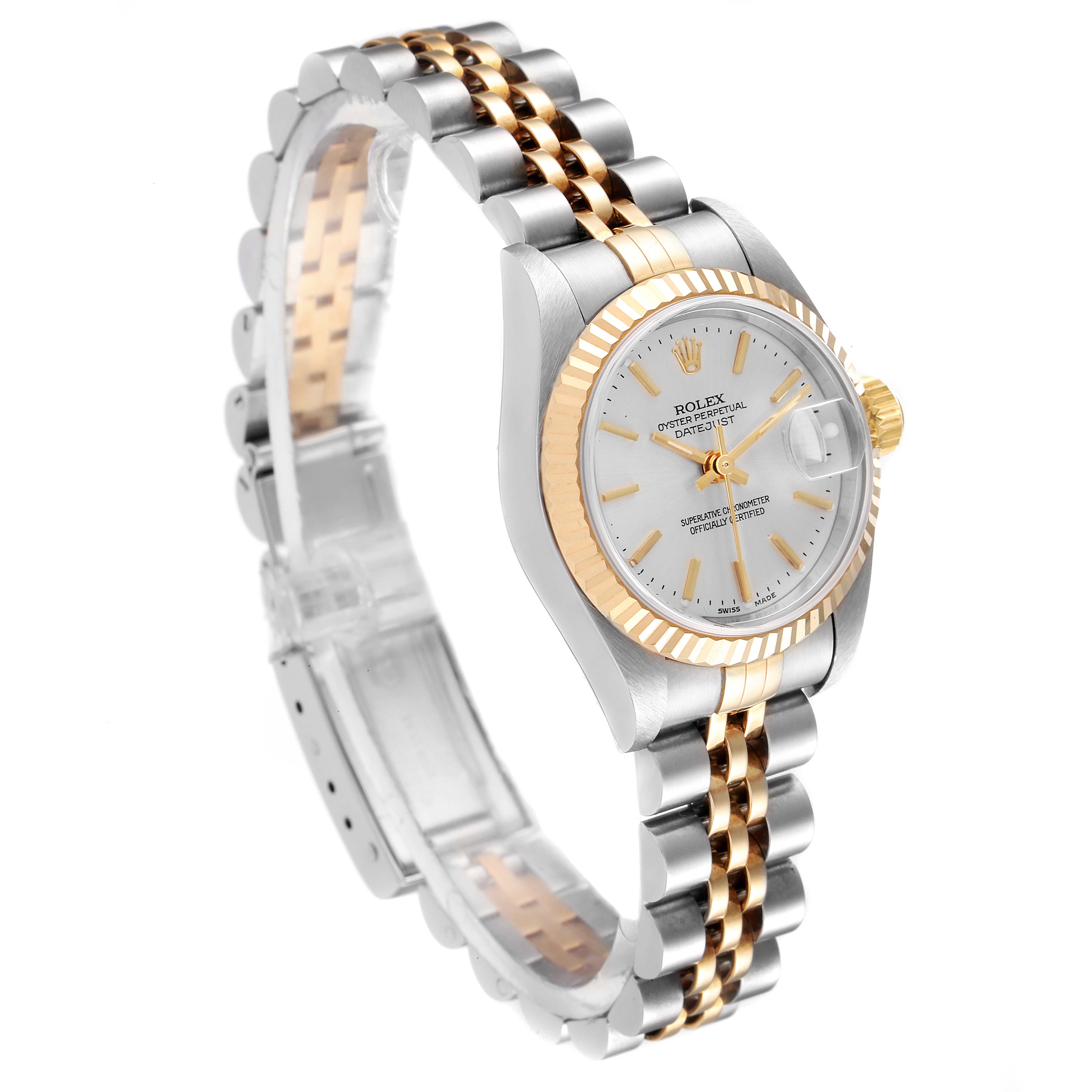 A side-angle view of the Rolex Datejust 79173 Women
s Steel and Gold (two tone) Silver Dial 79173 Women
s Steel and Gold (two tone) Silver Dial watch showing its face, bezel, and two-tone metal bracelet.