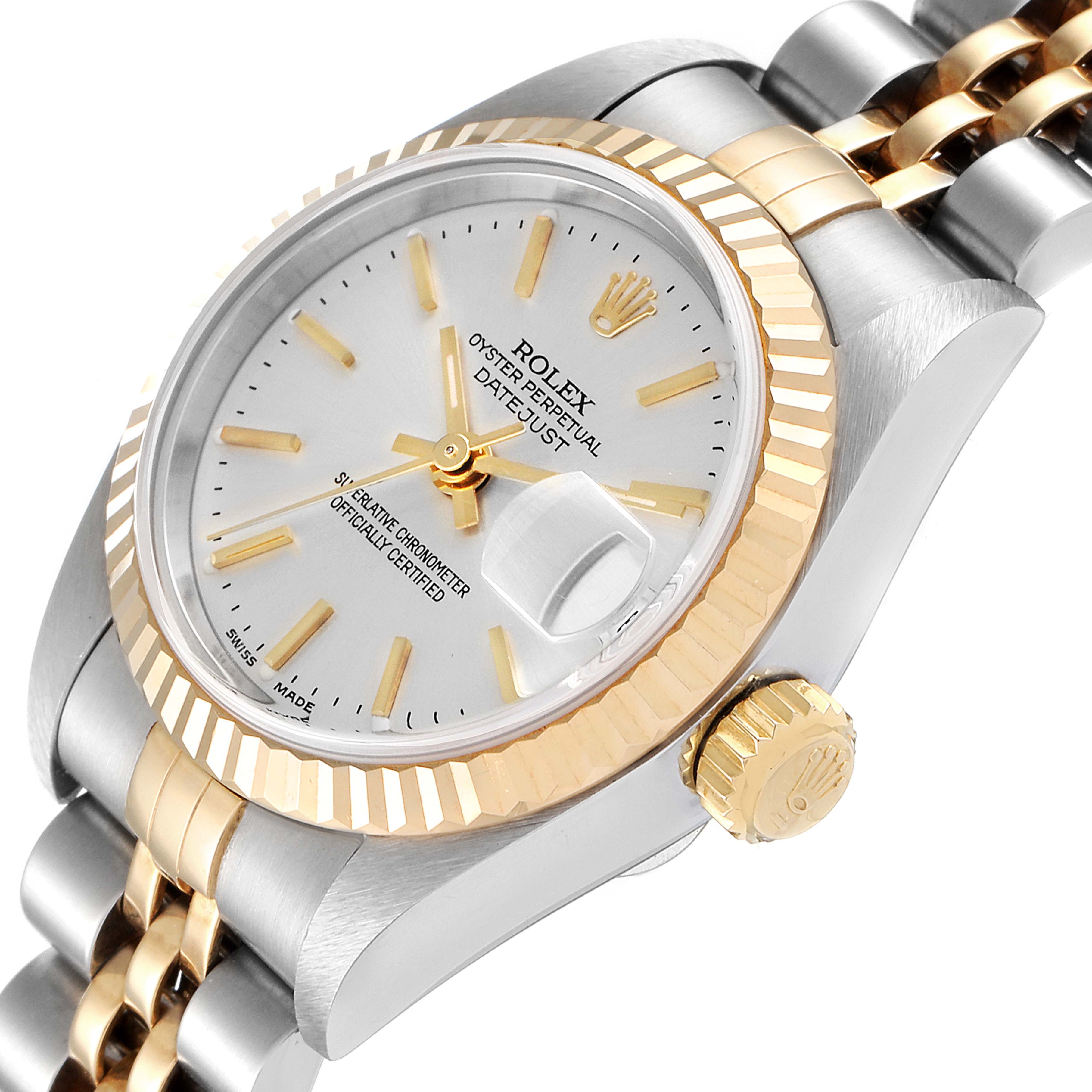 This image shows a close-up angled view of a Rolex Datejust 79173 Women
s Steel and Gold (two tone) Silver Dial 79173 Women
s Steel and Gold (two tone) Silver Dial, displaying the dial, bezel, crown, and part of the bracelet.