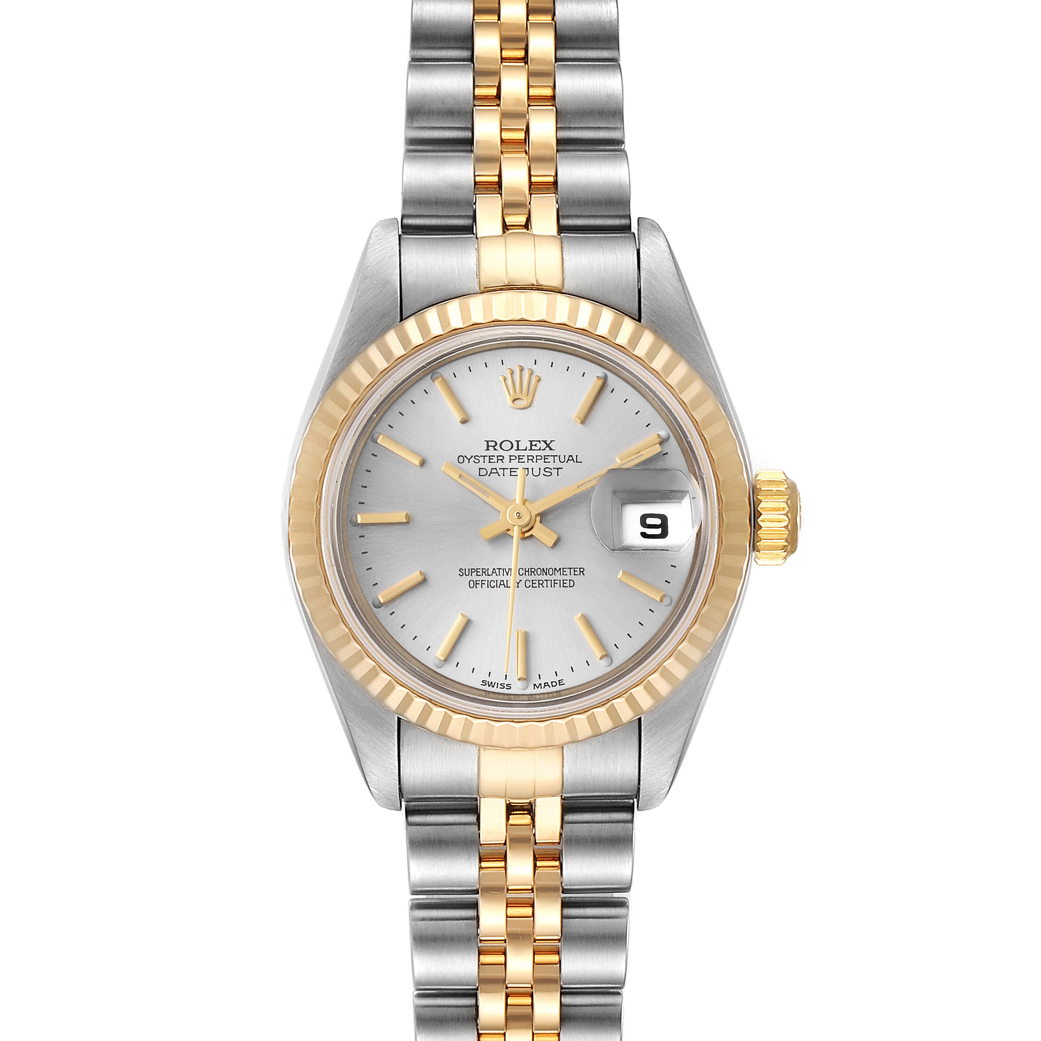 This image shows the front view of a Rolex Datejust 79173 Women
s Steel and Gold (two tone) Silver Dial 79173 Women
s Steel and Gold (two tone) Silver Dial model, highlighting the dial, bezel, and bracelet.