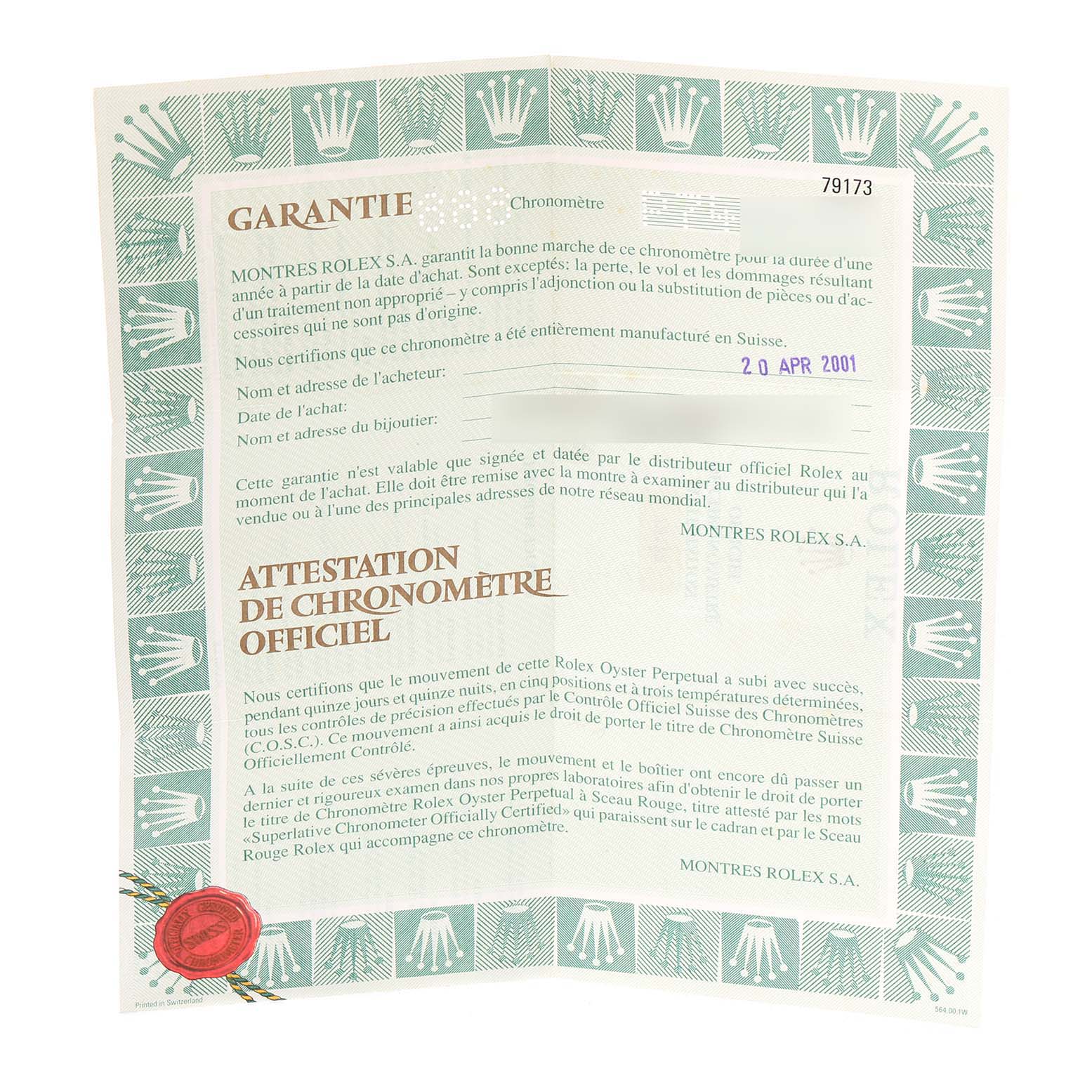 The image shows the warranty and official chronometer certification for a Rolex Datejust 79173 Women
s Steel and Gold (two tone) Silver Dial 79173 Women
s Steel and Gold (two tone) Silver Dial watch, dated April 20, 2001.