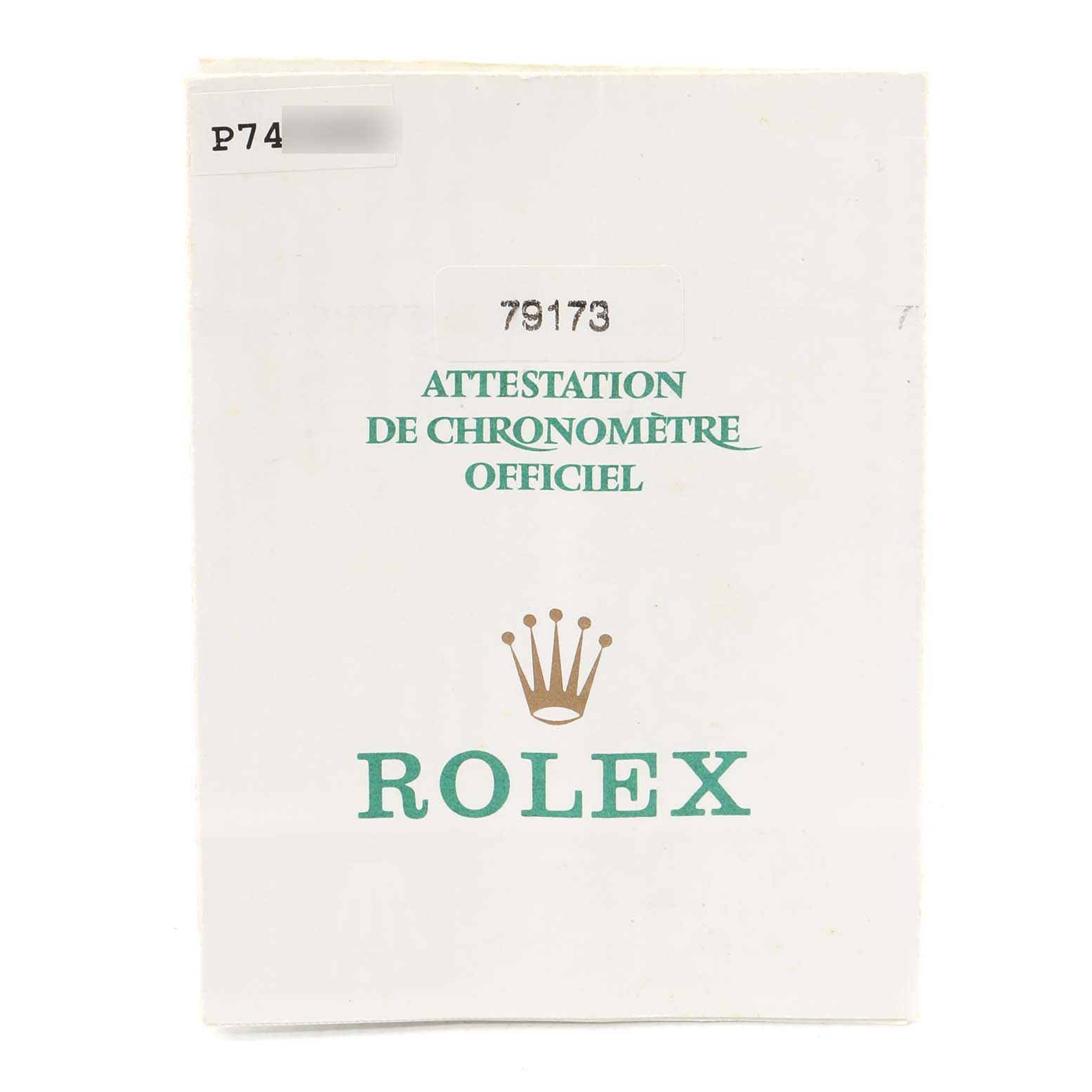 This is the attestation document cover for a Rolex Datejust 79173 Women
s Steel and Gold (two tone) Silver Dial 79173 Women
s Steel and Gold (two tone) Silver Dial model.