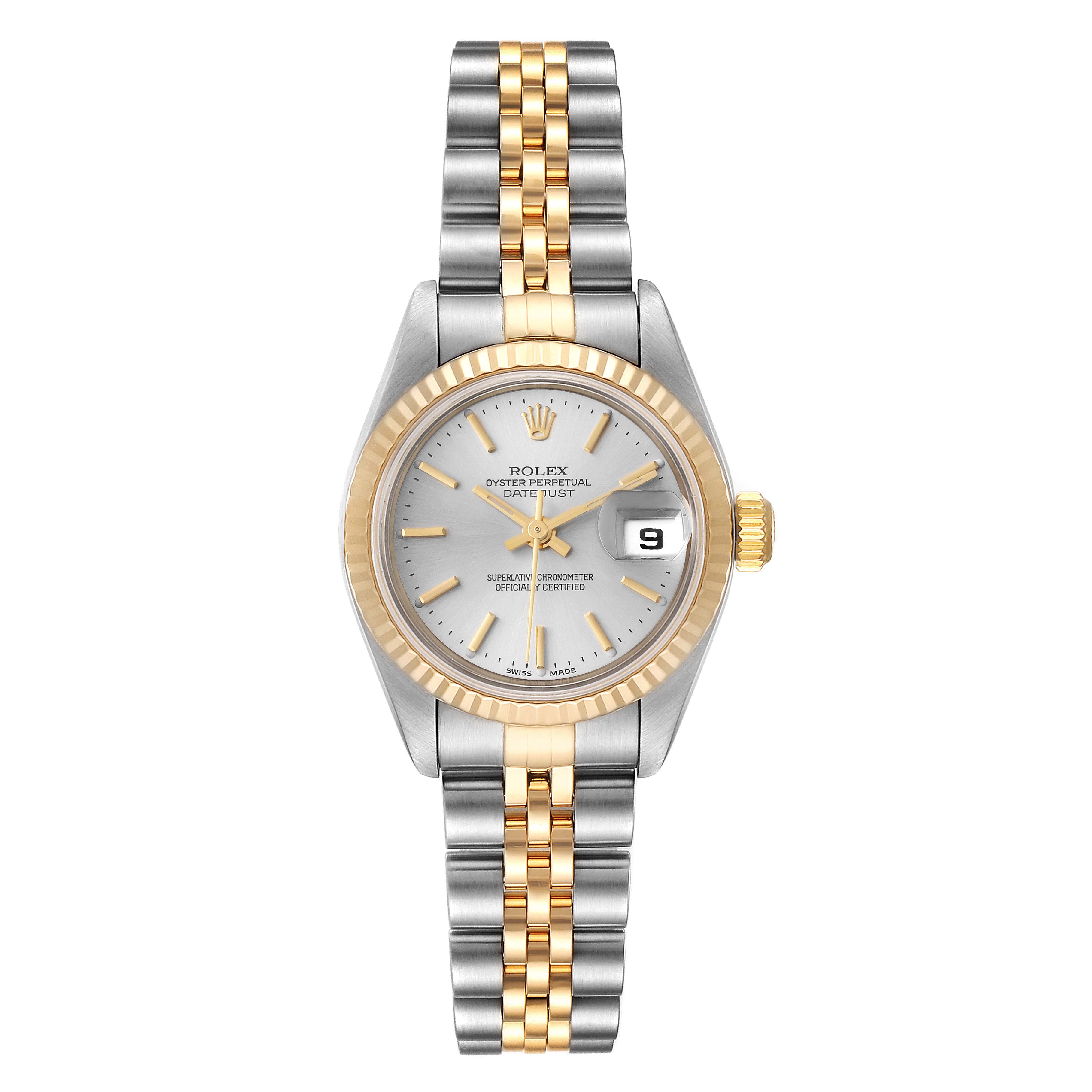 This image shows a front view of the Rolex Datejust 79173 Women
s Steel and Gold (two tone) Silver Dial 79173 Women
s Steel and Gold (two tone) Silver Dial watch, highlighting its dial, fluted bezel, and two-tone metal bracelet.