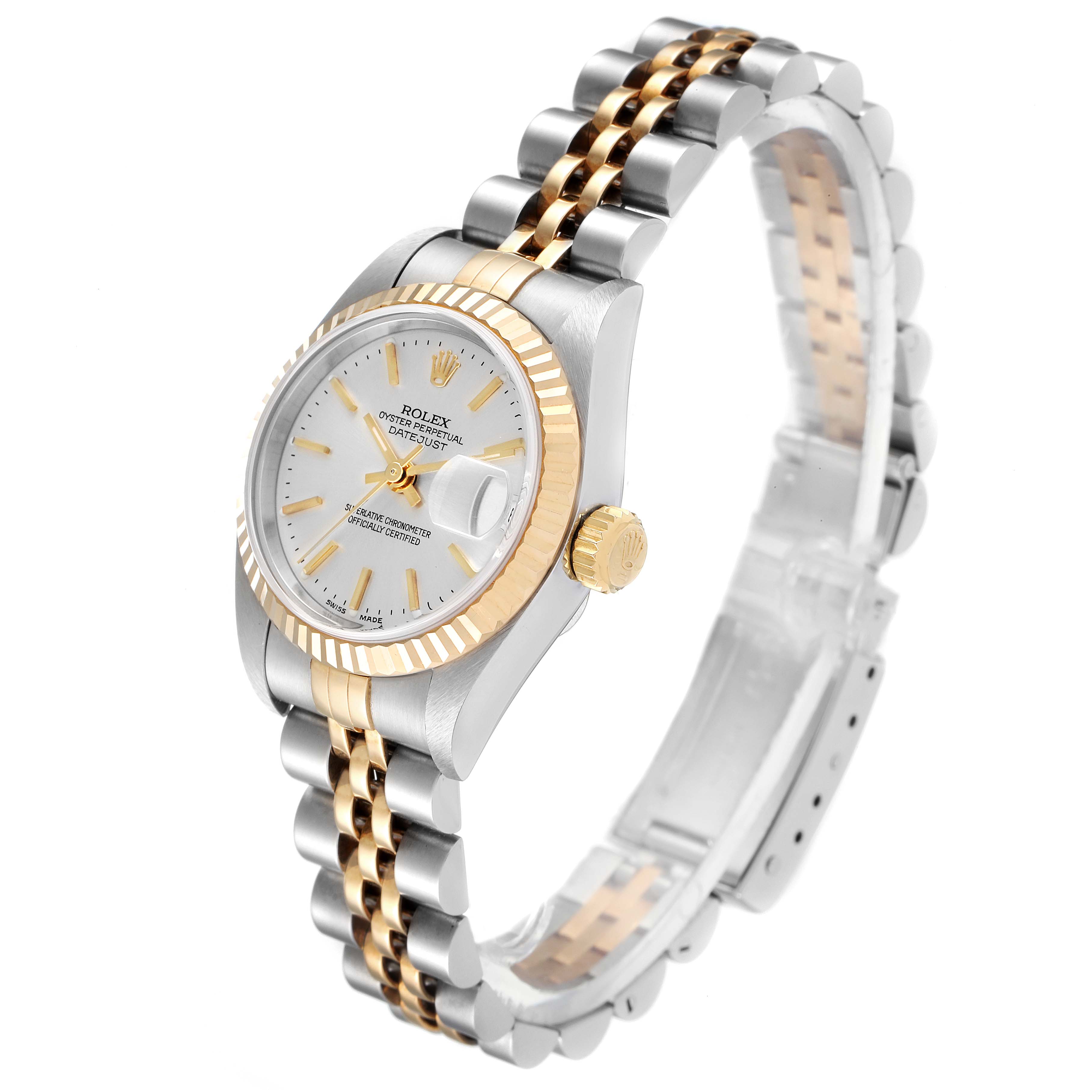 This is a close-up side angle view of a Rolex Datejust 79173 Women
s Steel and Gold (two tone) Silver Dial 79173 Women
s Steel and Gold (two tone) Silver Dial watch, showcasing its dial, bezel, and two-tone bracelet.