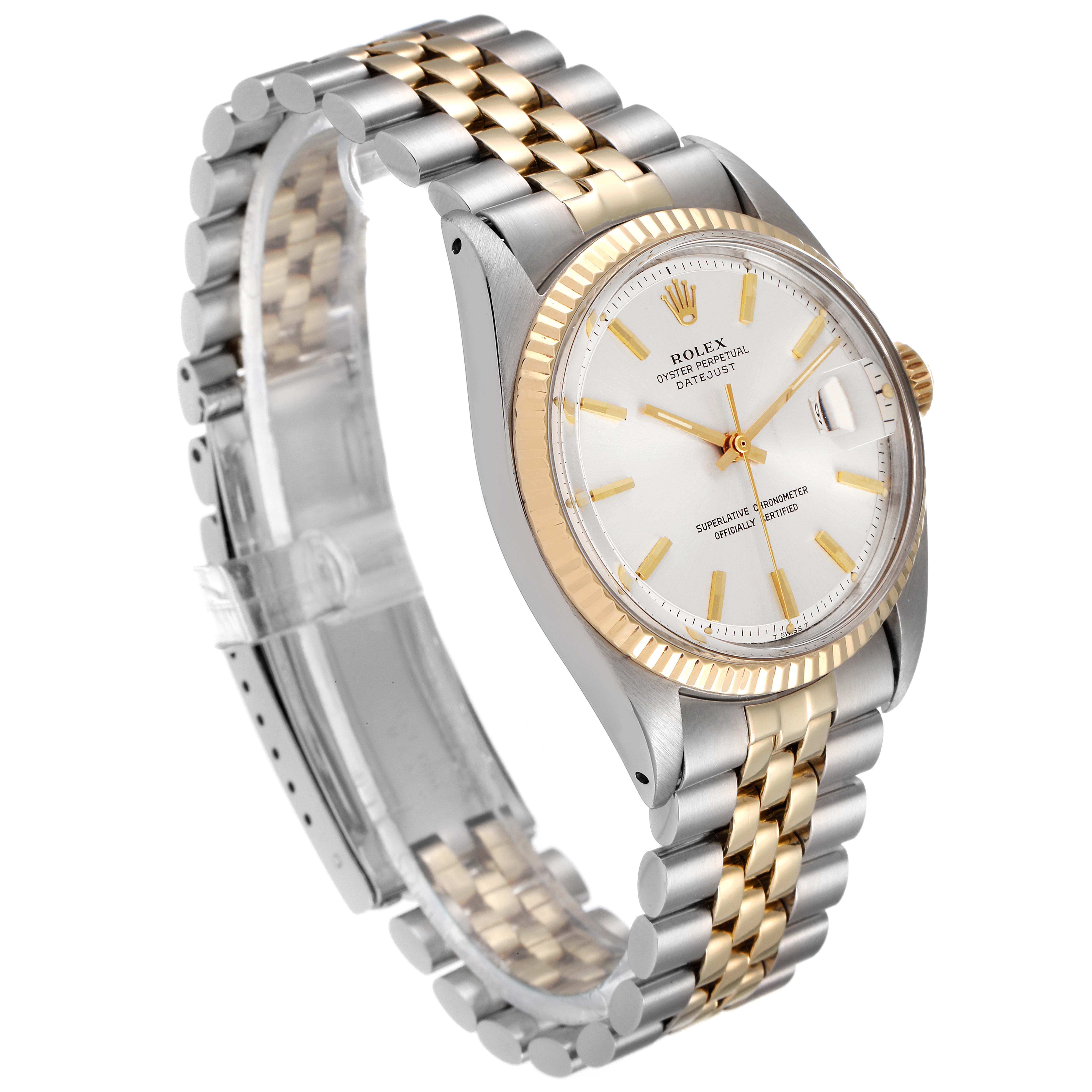 The image shows a Rolex Vintage Collection 1601 Men's Steel and Gold (two tone) Silver Dial 1601 Men's Steel and Gold (two tone) Silver Dial model, highlighting its two-tone metal bracelet and dial from a three-quarter angle.