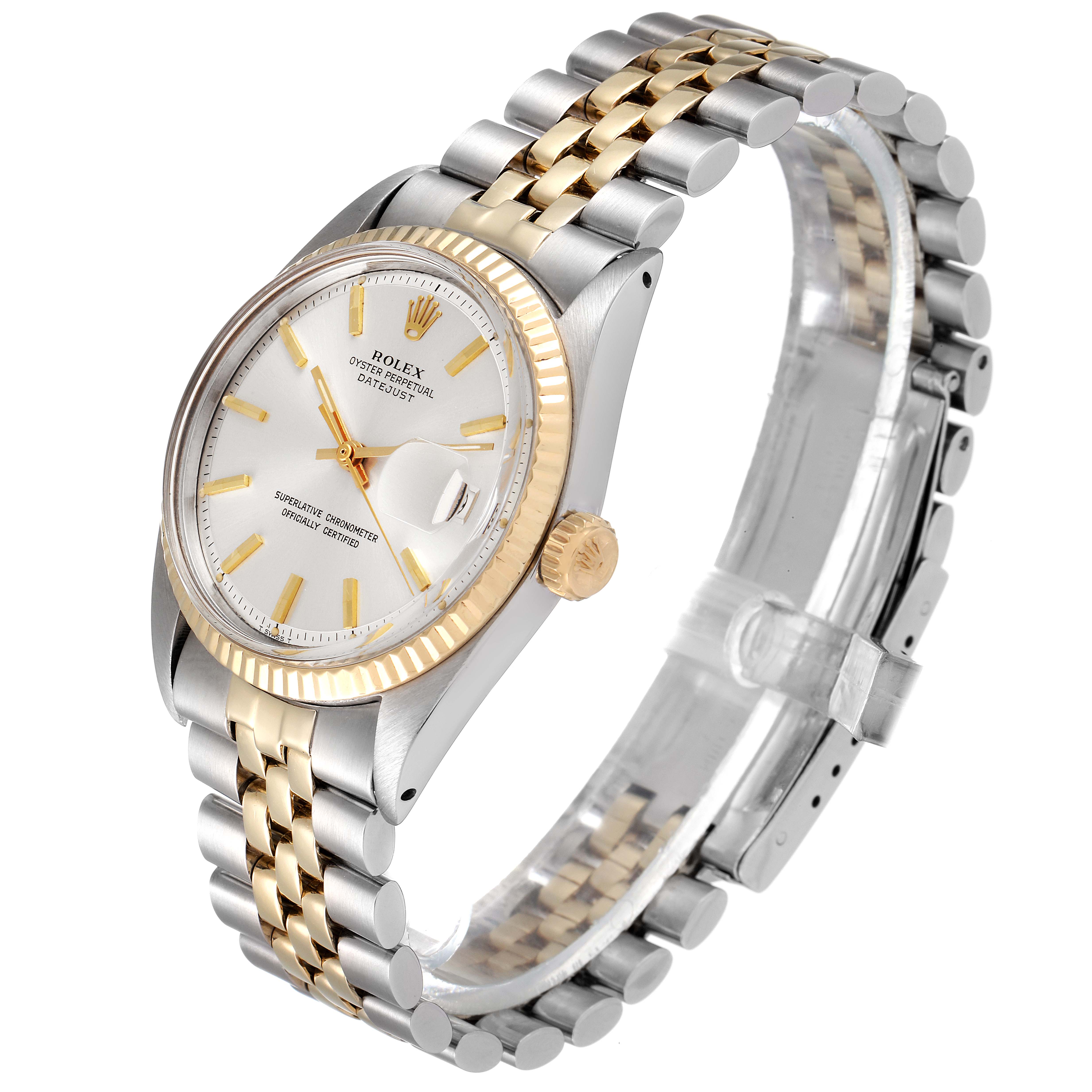 This image shows the Rolex Vintage Collection 1601 Men's Steel and Gold (two tone) Silver Dial 1601 Men's Steel and Gold (two tone) Silver Dial model watch at an angle focusing on its face, bezel, crown, and two-tone bracelet.