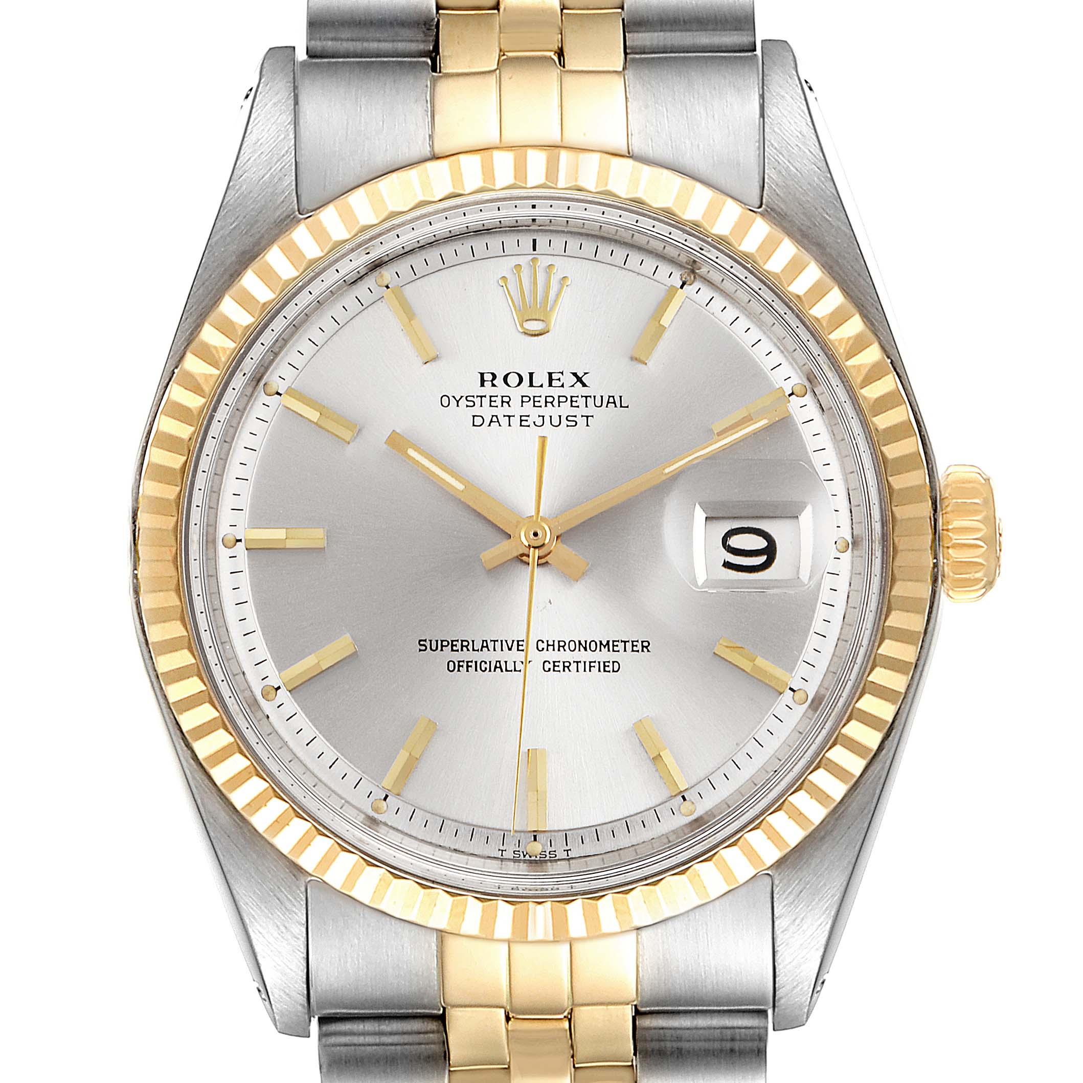 The watch is a Rolex Vintage Collection 1601 Men's Steel and Gold (two tone) Silver Dial 1601 Men's Steel and Gold (two tone) Silver Dial model, shown from the front, displaying the dial, bezel, case, and part of the bracelet.