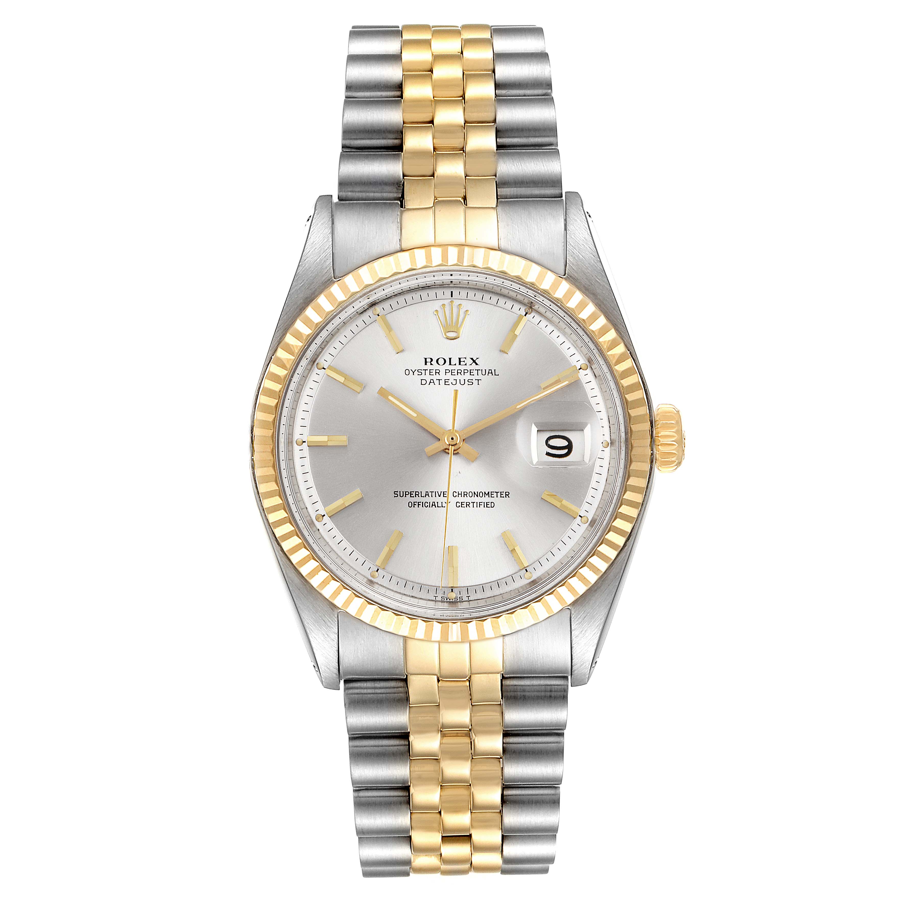 The Rolex Vintage Collection 1601 Men's Steel and Gold (two tone) Silver Dial 1601 Men's Steel and Gold (two tone) Silver Dial model watch is shown from a top-down angle, displaying its dial, bezel, and bracelet.