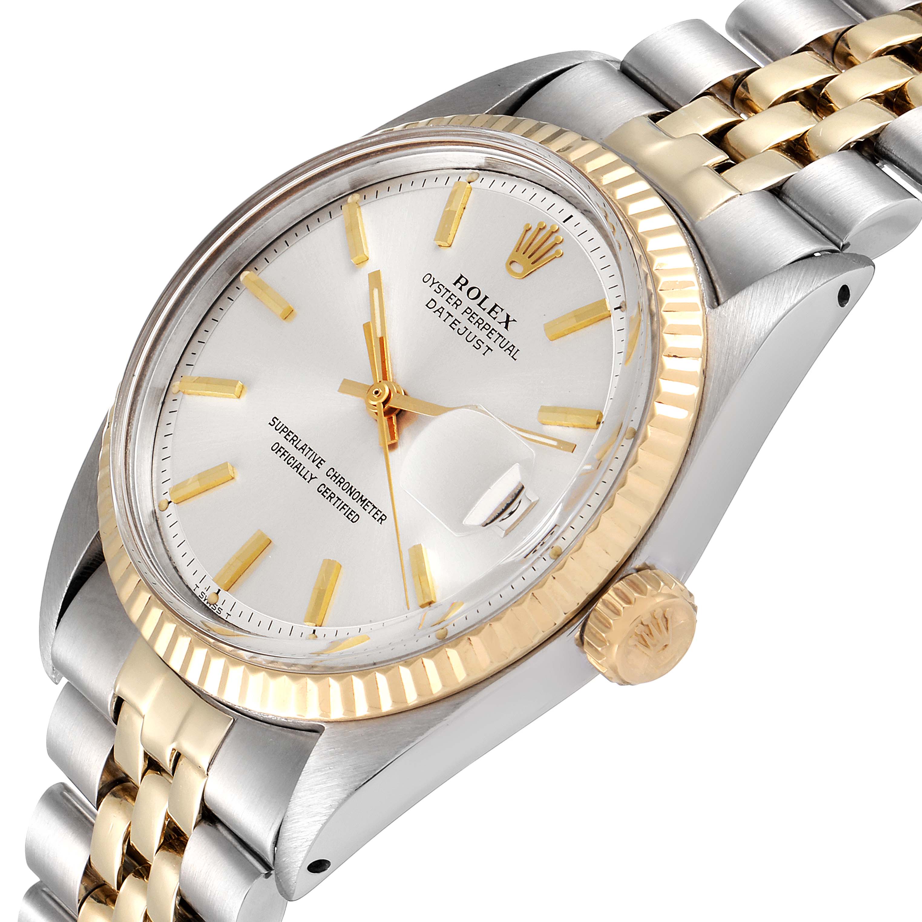 The image shows a close-up of the Rolex Vintage Collection 1601 Men's Steel and Gold (two tone) Silver Dial 1601 Men's Steel and Gold (two tone) Silver Dial Oyster Perpetual Datejust watch, highlighting the dial, bezel, and part of the bracelet.