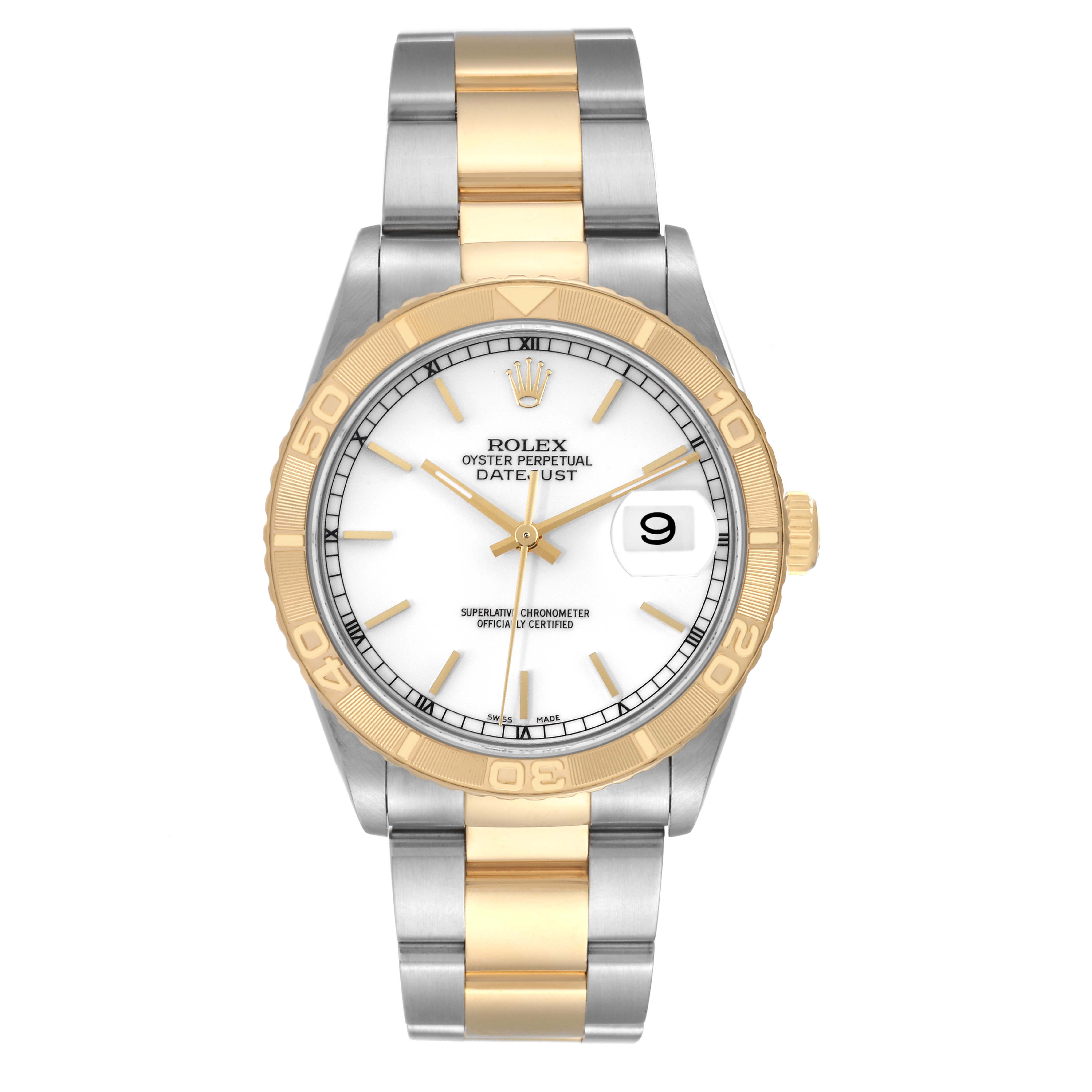 The Rolex Turn-o-Graph 16263 Men
s Steel and Gold (two tone) White Dial 16263 Men
s Steel and Gold (two tone) White Dial watch is shown from a straight-on angle, displaying the dial, bezel, bracelet, and crown.