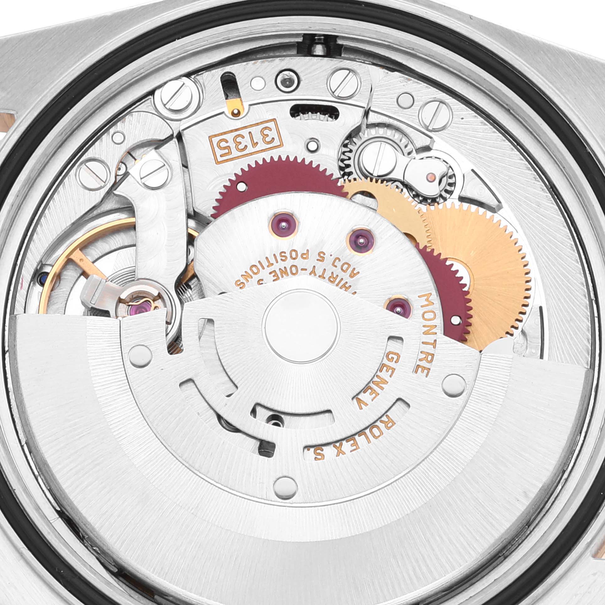 The image shows the intricate inner mechanism of a Rolex Turn-o-Graph 16263 Men
s Steel and Gold (two tone) White Dial 16263 Men
s Steel and Gold (two tone) White Dial watch, viewed from the back case.