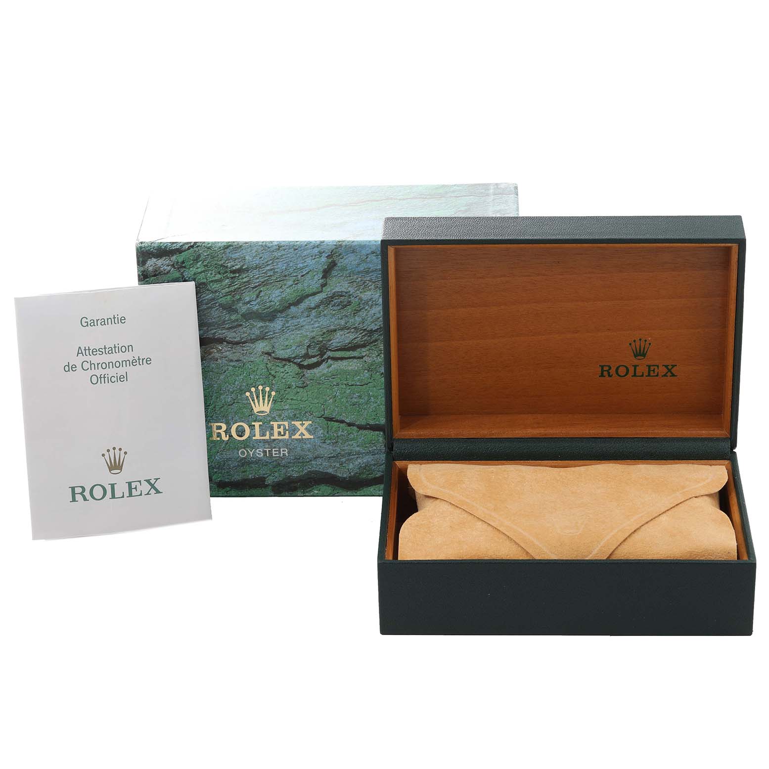 The image shows a Rolex Turn-o-Graph 16263 Men
s Steel and Gold (two tone) White Dial 16263 Men
s Steel and Gold (two tone) White Dial model
s box, a certificate, and a leather pouch, all from a front angle.