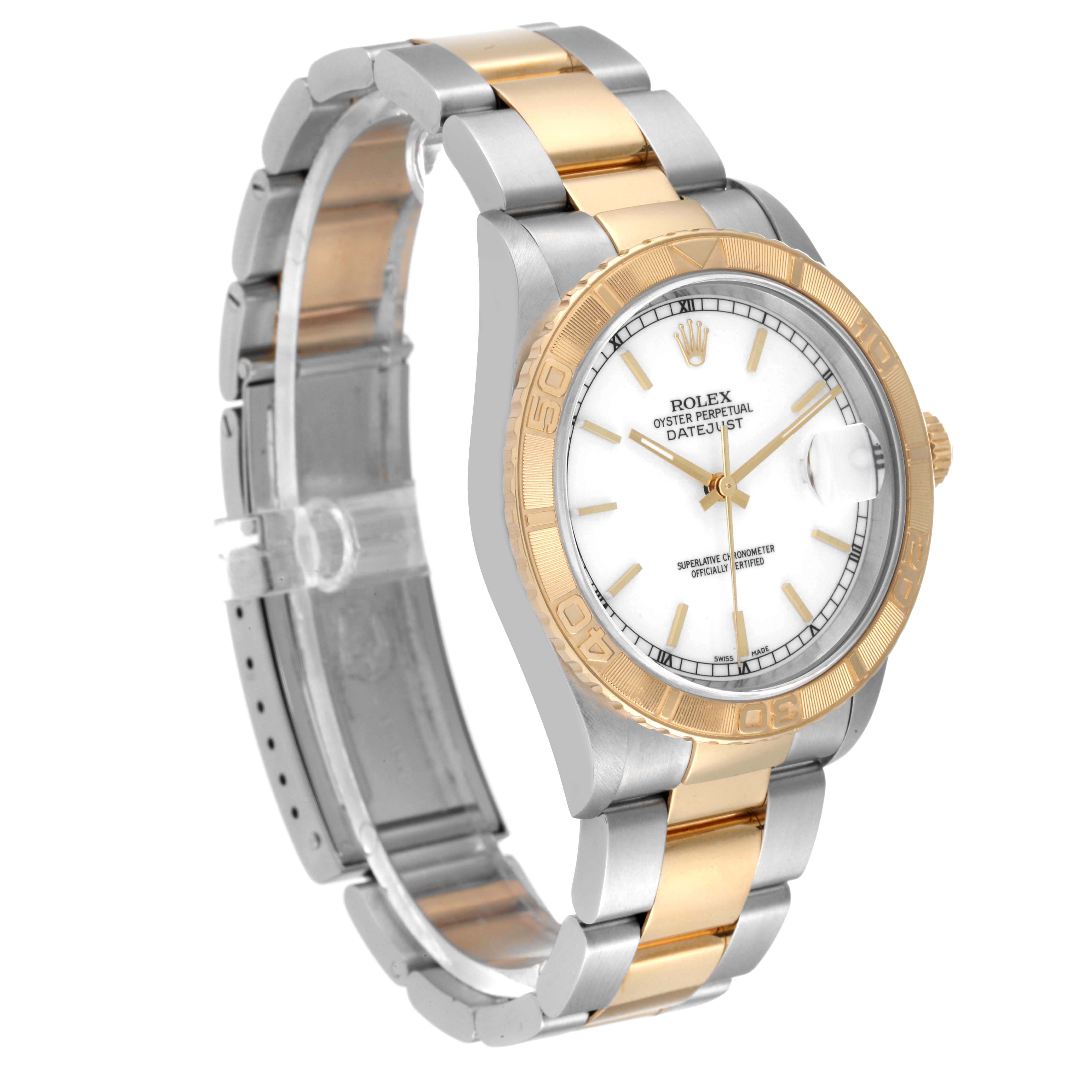 The Rolex Turn-o-Graph 16263 Men
s Steel and Gold (two tone) White Dial 16263 Men
s Steel and Gold (two tone) White Dial watch is shown at a three-quarter angle, highlighting its face, bezel, and metal bracelet.