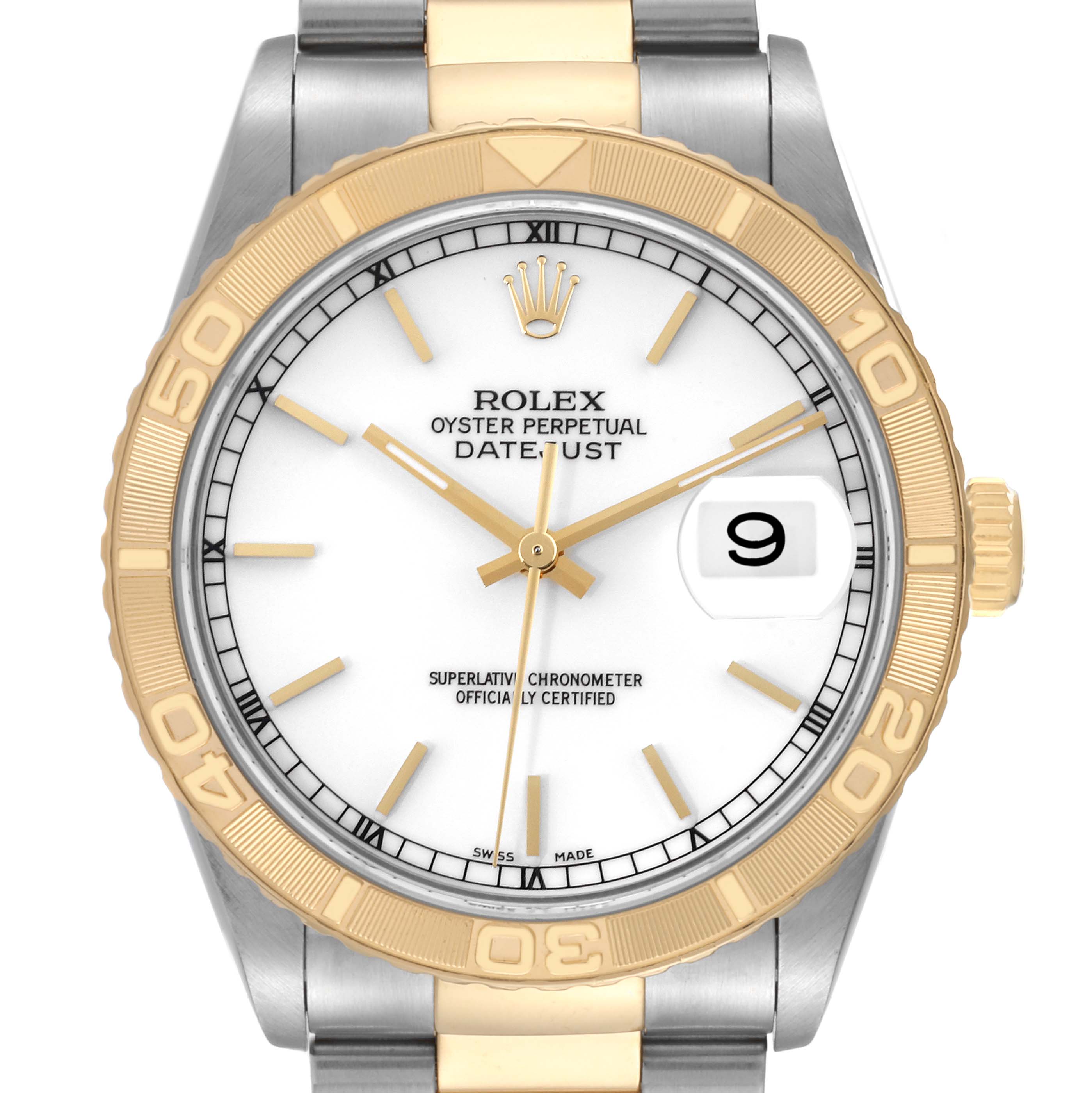 The Rolex Turn-o-Graph 16263 Men
s Steel and Gold (two tone) White Dial 16263 Men
s Steel and Gold (two tone) White Dial watch is shown from a frontal view, highlighting the face, bezel, crown, and part of the bracelet.
