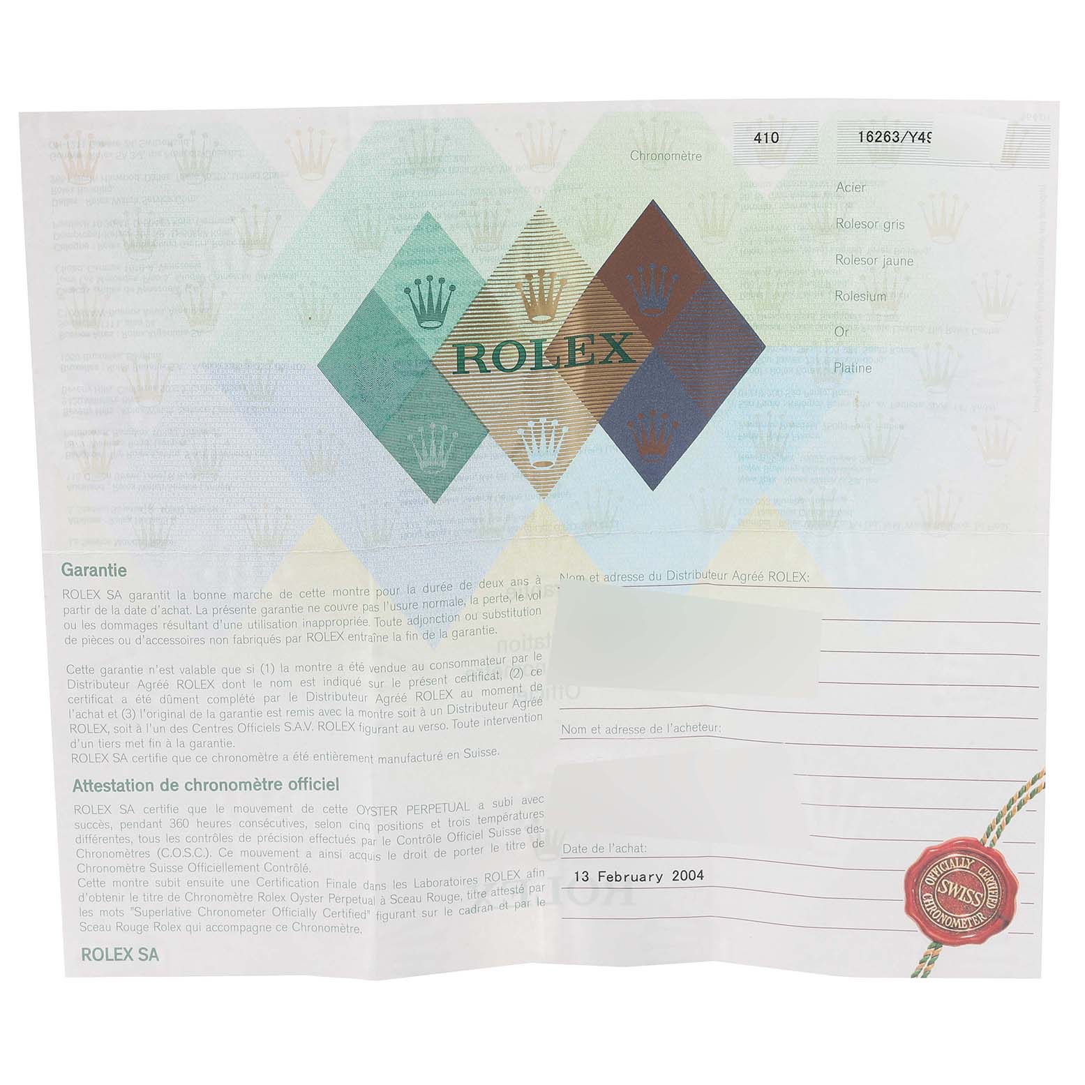 This image shows the warranty and certification documents for the Rolex Turn-o-Graph 16263 Men
s Steel and Gold (two tone) White Dial 16263 Men
s Steel and Gold (two tone) White Dial model.