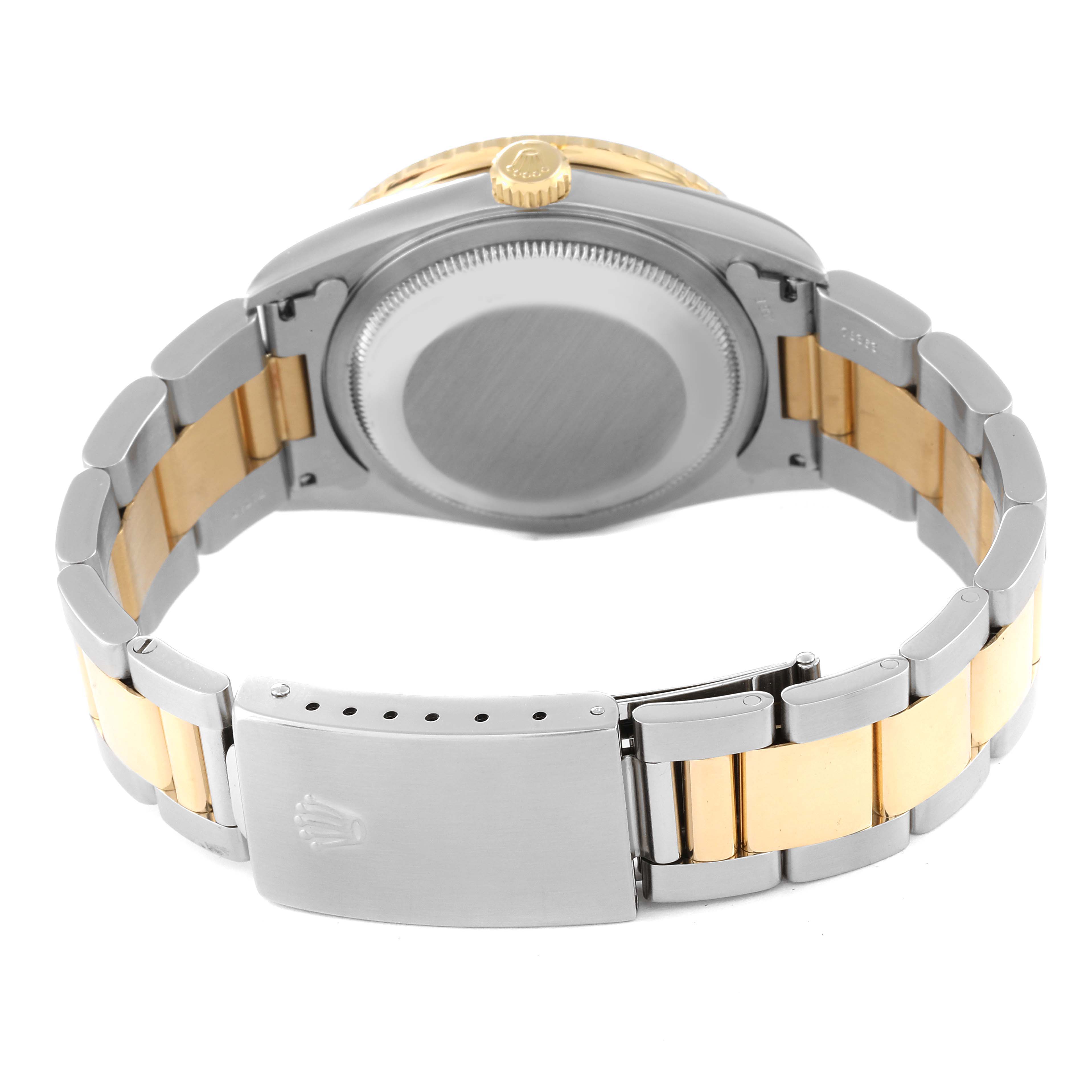The image shows the back and strap of the Rolex Turn-o-Graph 16263 Men
s Steel and Gold (two tone) White Dial 16263 Men
s Steel and Gold (two tone) White Dial watch from an angle displaying the bracelet and clasp.
