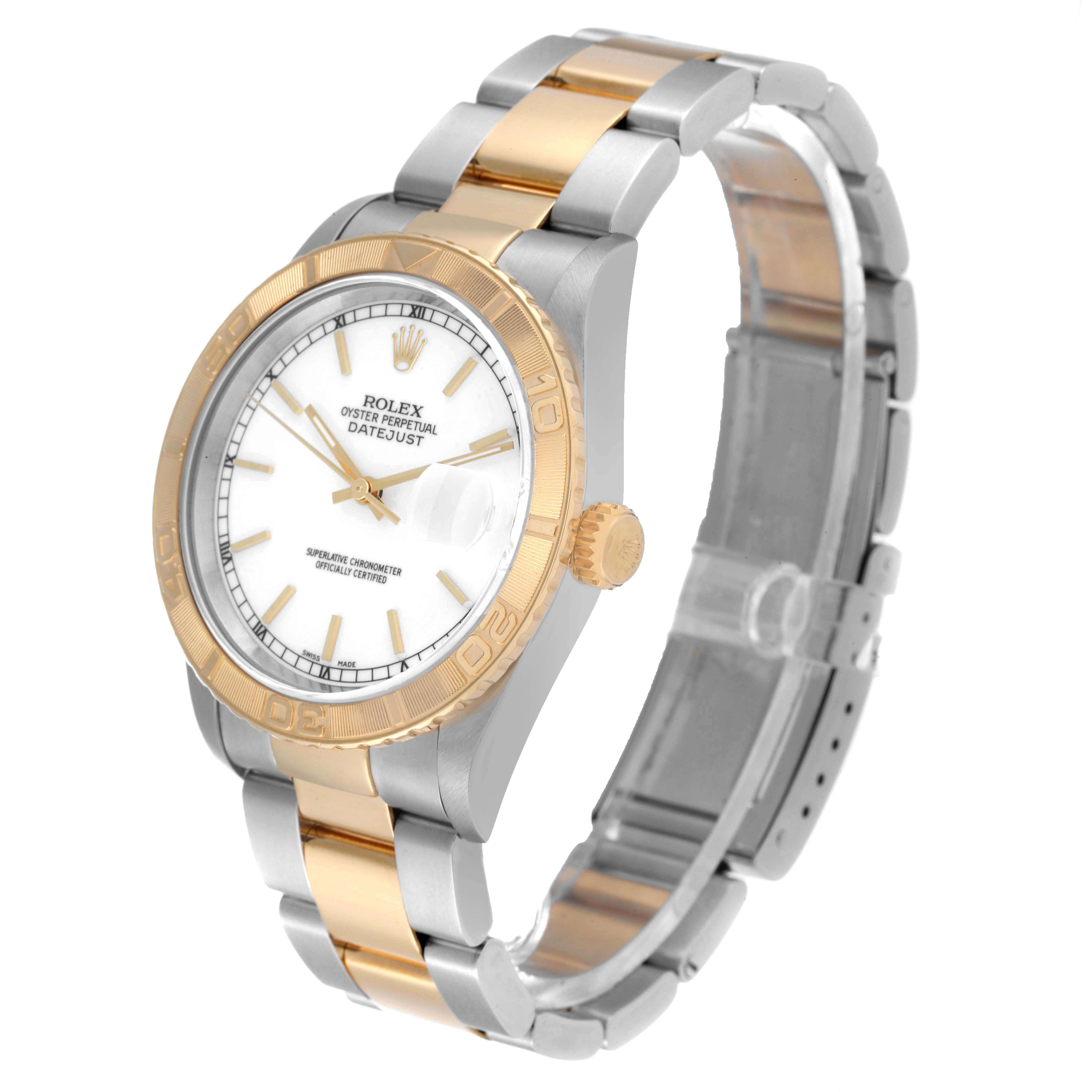 This image shows a Rolex Turn-o-Graph 16263 Men
s Steel and Gold (two tone) White Dial 16263 Men
s Steel and Gold (two tone) White Dial watch, displaying its gold bezel, white dial, and two-tone bracelet from a three-quarter side angle.