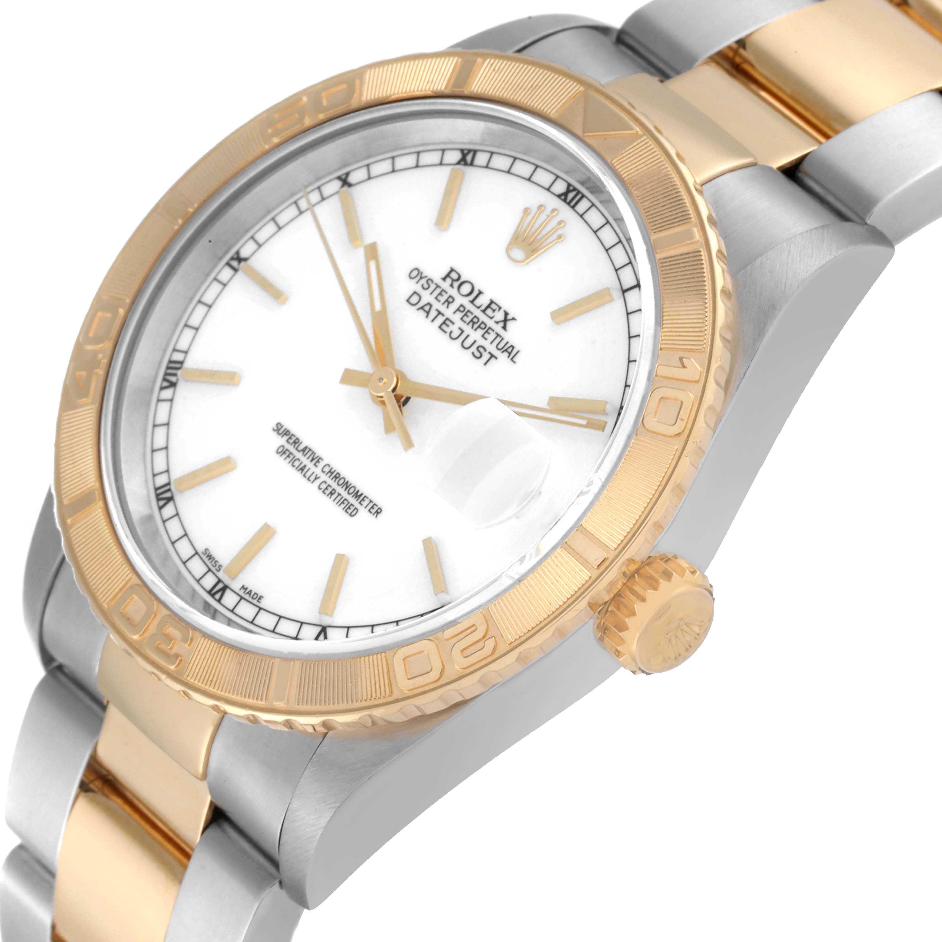 This image shows a close-up angled view of the Rolex Turn-o-Graph 16263 Men
s Steel and Gold (two tone) White Dial 16263 Men
s Steel and Gold (two tone) White Dial watch, highlighting the face, bezel, crown, and part of the bracelet.