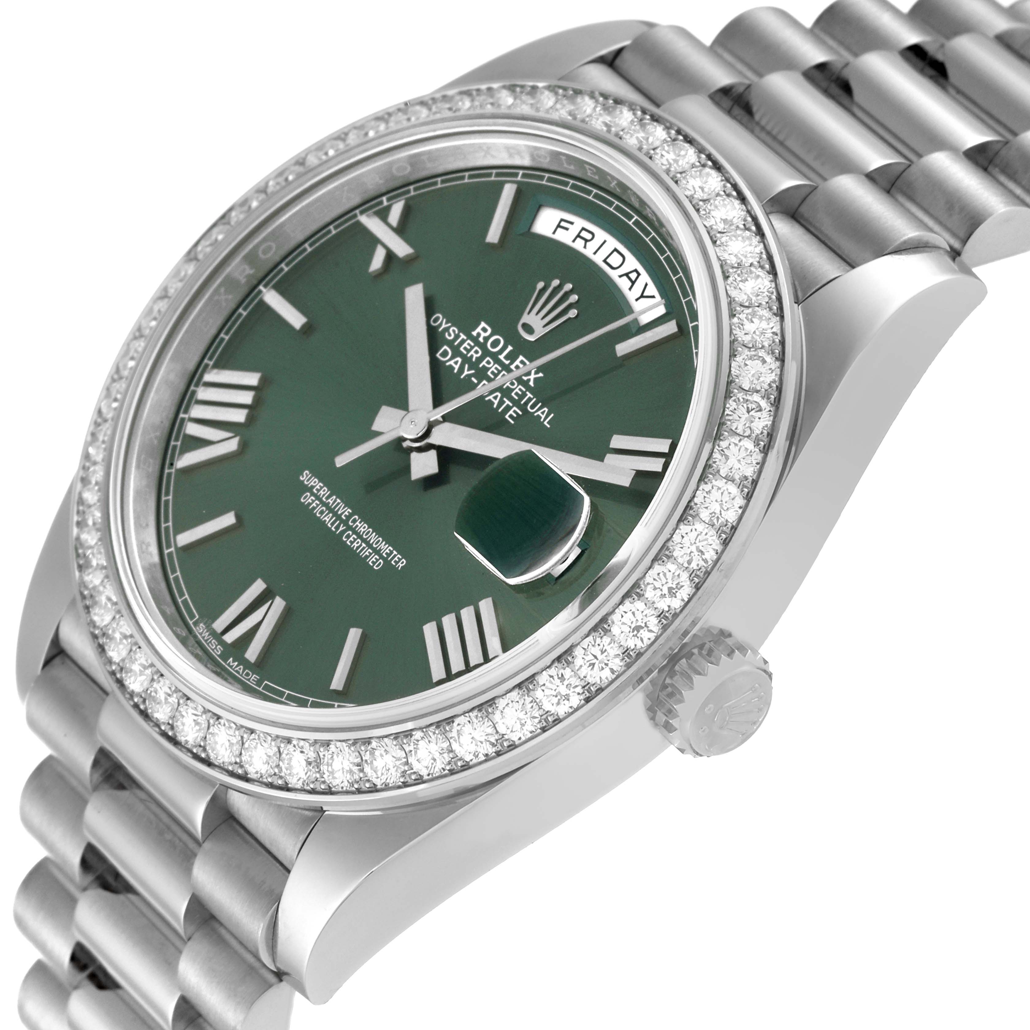 This image shows a side view of the Rolex President 228349 Men's White Gold Green Dial 228349 Men's White Gold Green Dial model watch, highlighting its green dial, diamond bezel, and bracelet.