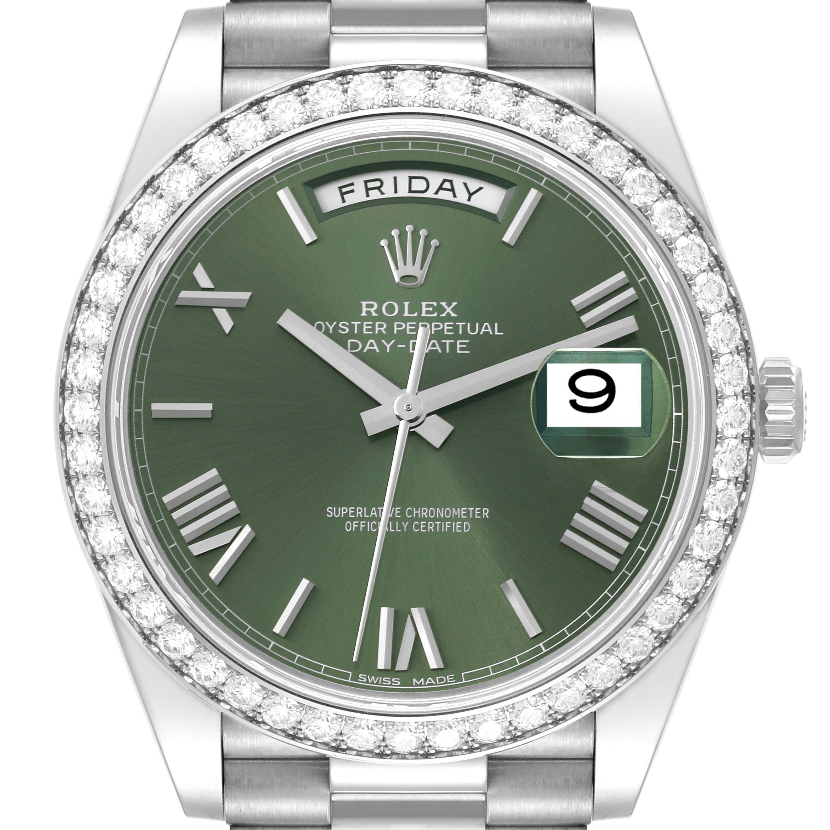 This image shows the face of a Rolex President 228349 Men's White Gold Green Dial 228349 Men's White Gold Green Dial model watch with a green dial, diamond bezel, and the day and date indicators.