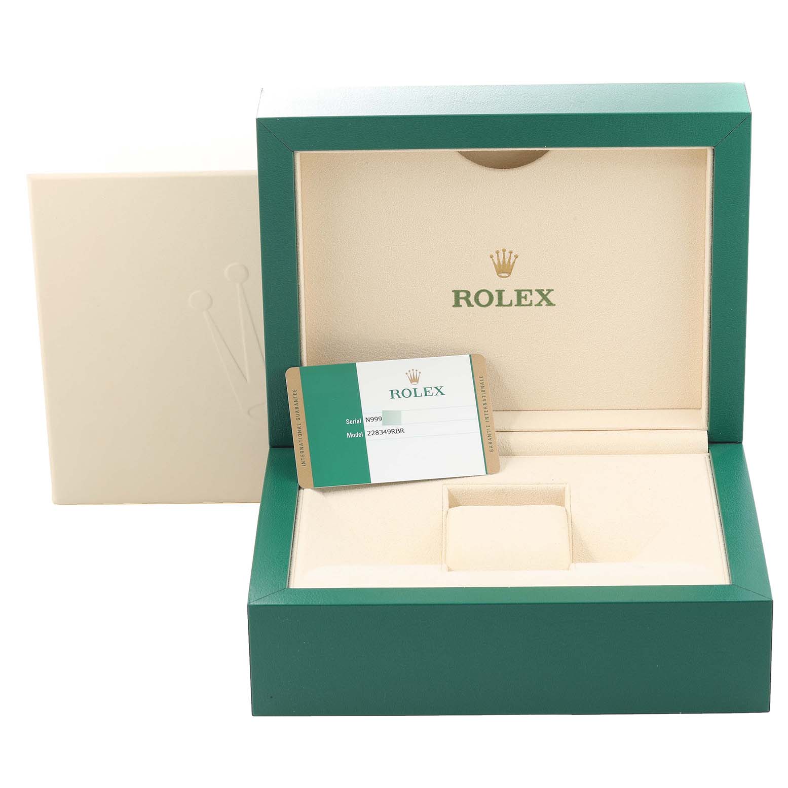 The image shows the open box and warranty card for a Rolex President 228349 Men's White Gold Green Dial 228349 Men's White Gold Green Dial model watch, viewed from the front.