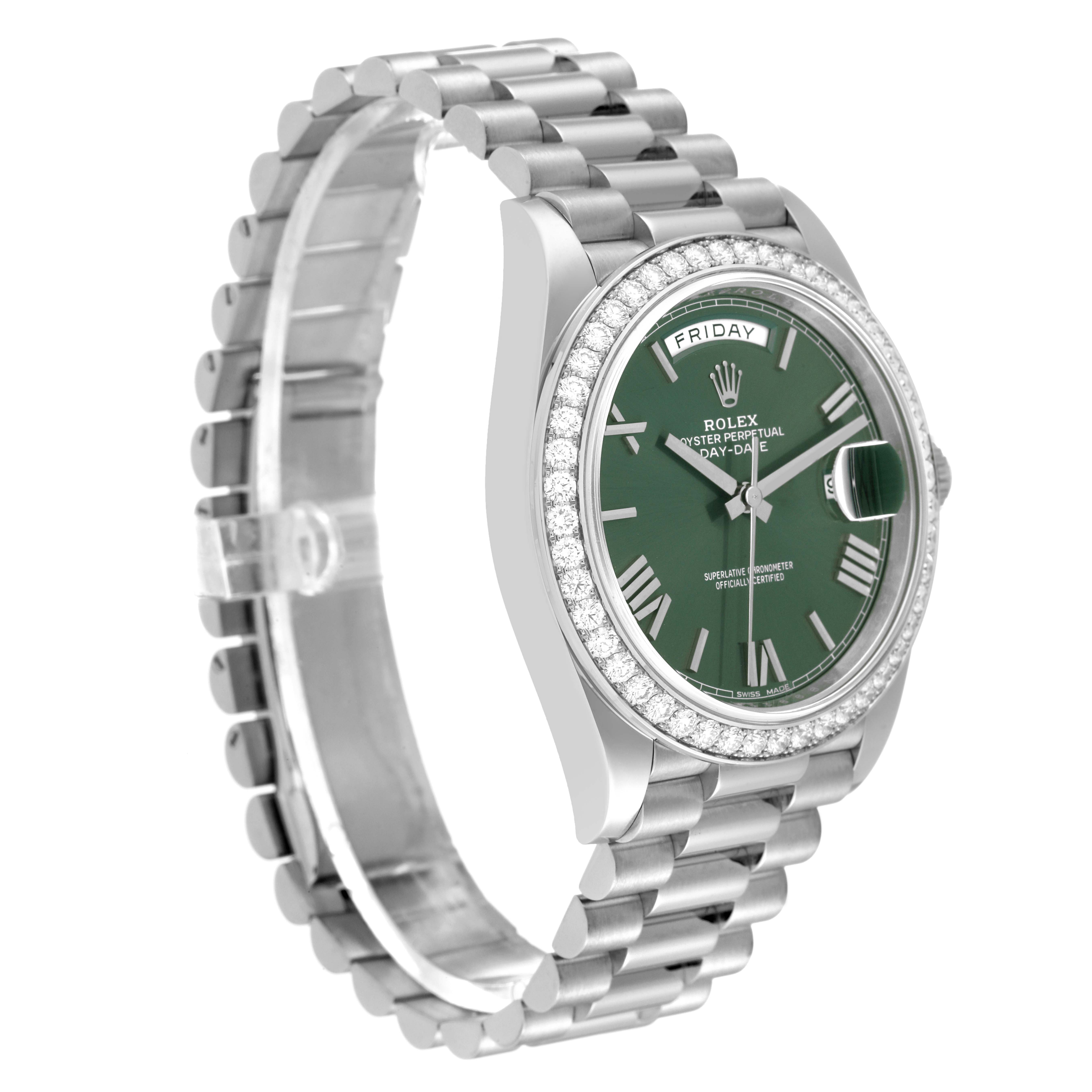 The Rolex President 228349 Men's White Gold Green Dial 228349 Men's White Gold Green Dial model watch is shown at a three-quarter angle, featuring the bracelet, case, bezel, and green dial with day-date indicators.